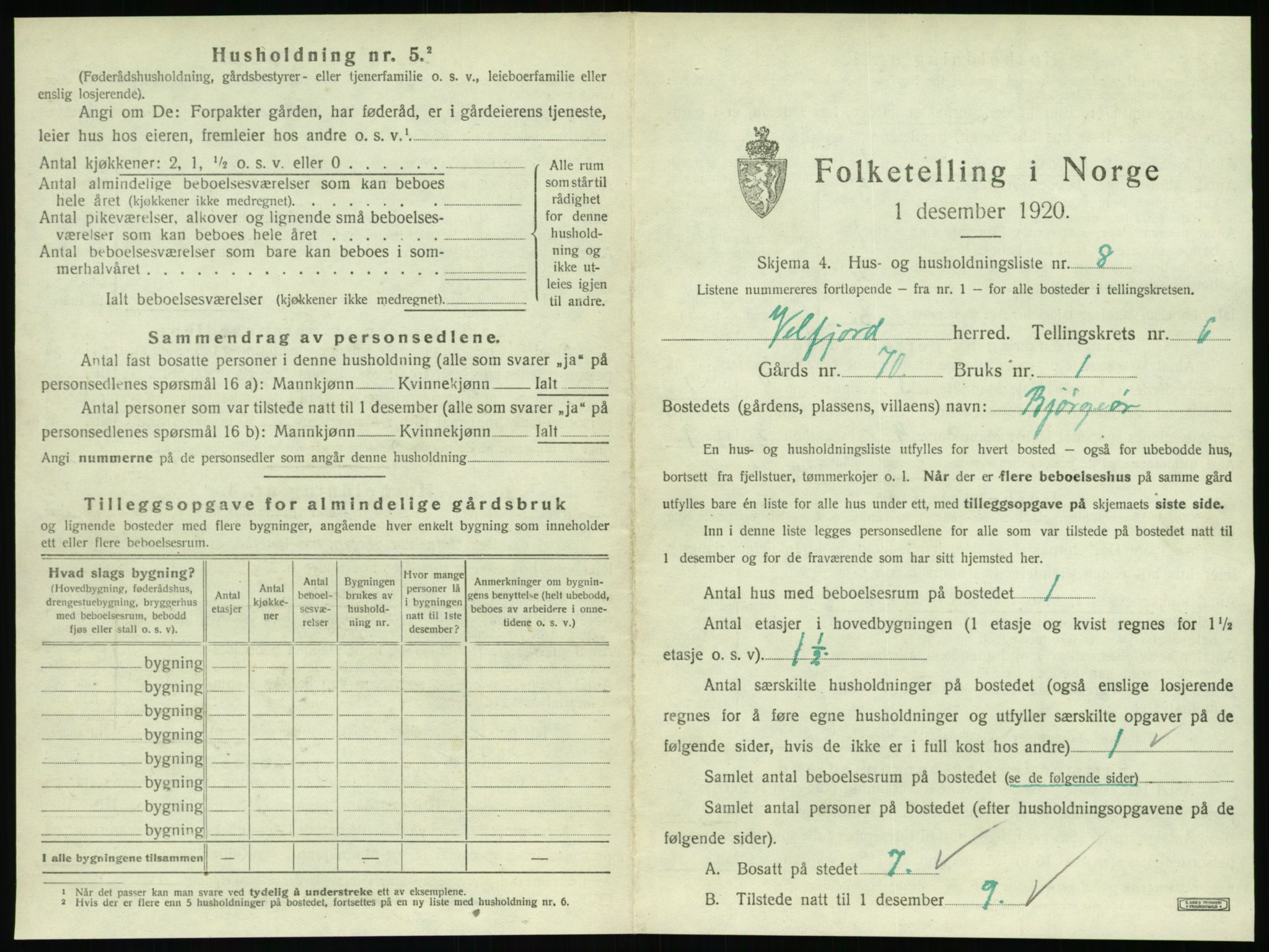 SAT, 1920 census for Velfjord, 1920, p. 541