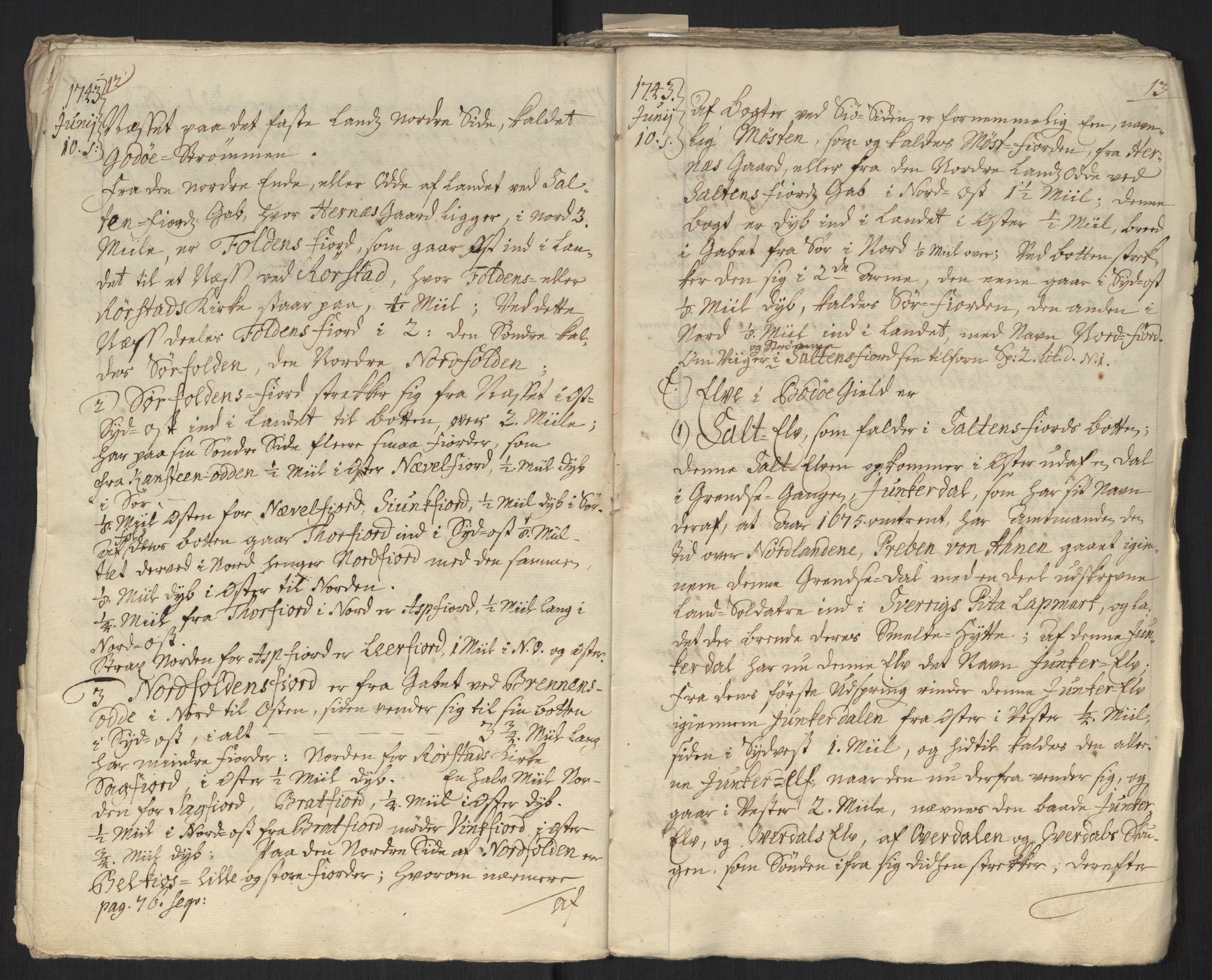 Danske Kanselli, Grensearkivet, AV/RA-EA-4062/F/L0011a/0001: Volum XXIII-XXVIa / Vol. XXIII: Major Schnitlers grenseeksaminasjonsprotokoll, 3. bind, 1743, p. 12-13