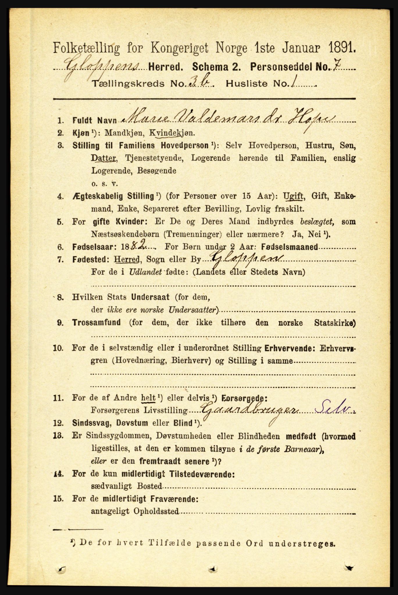 RA, 1891 census for 1445 Gloppen, 1891, p. 1453