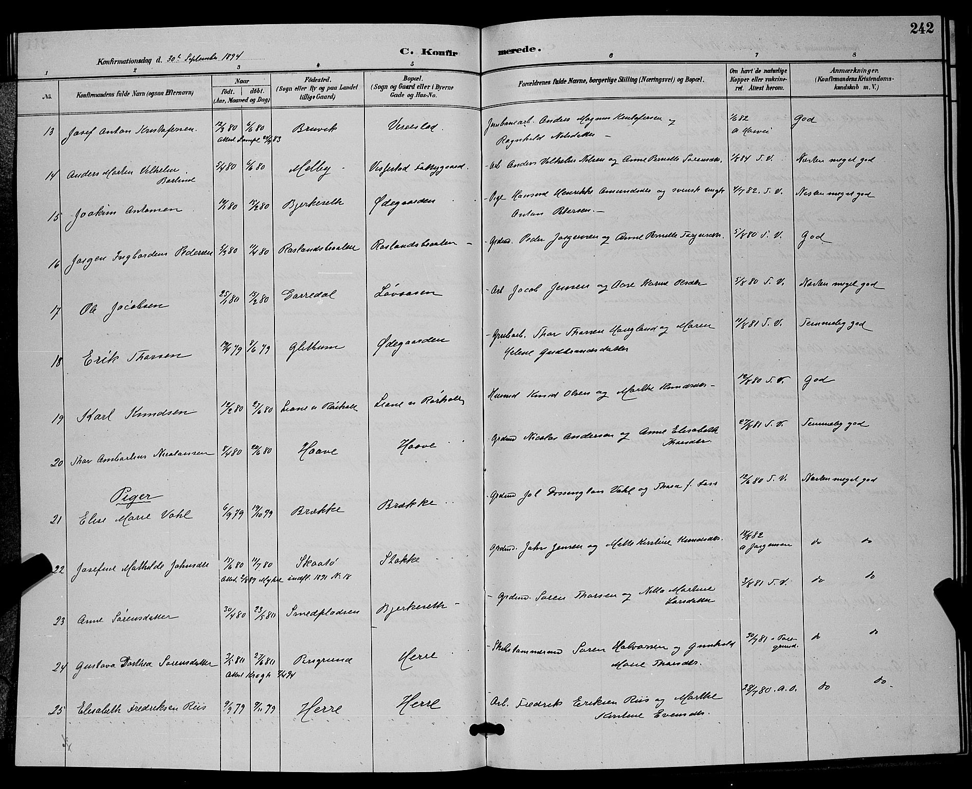 Bamble kirkebøker, SAKO/A-253/G/Ga/L0009: Parish register (copy) no. I 9, 1888-1900, p. 242