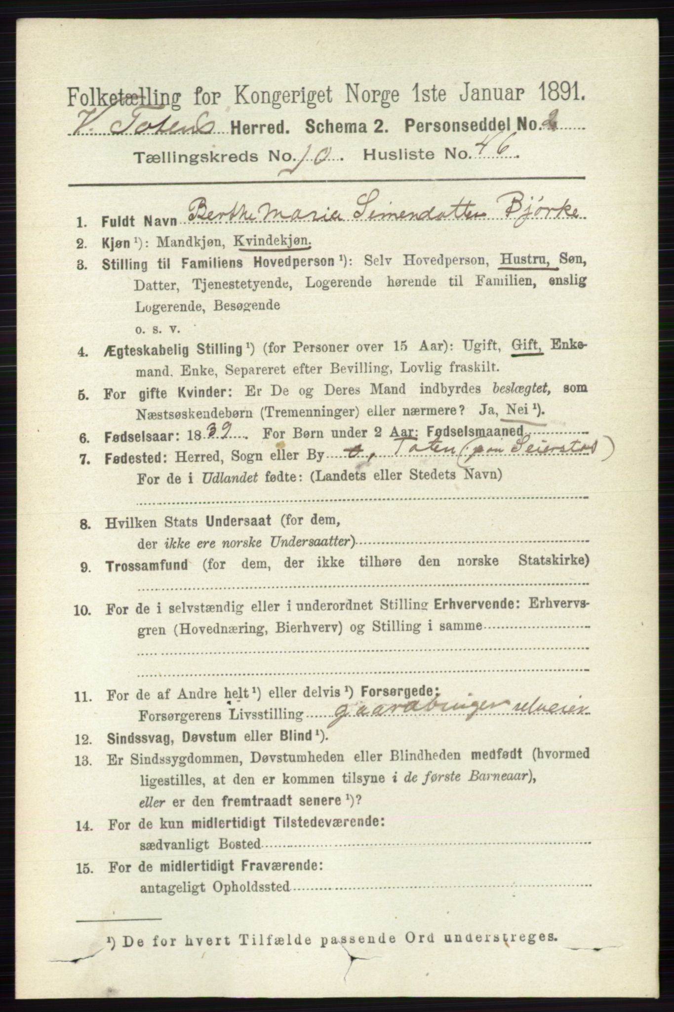 RA, 1891 census for 0529 Vestre Toten, 1891, p. 6469