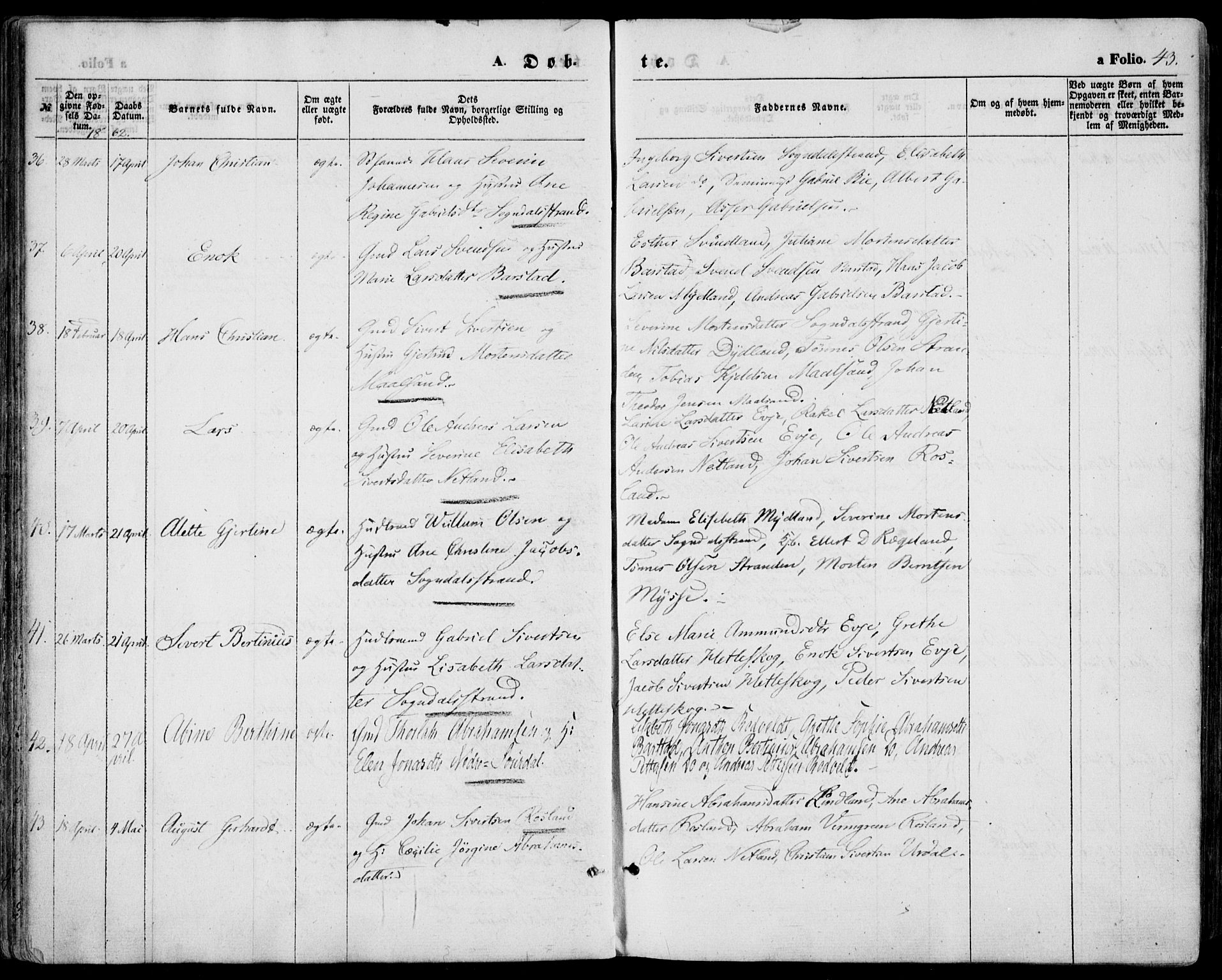 Sokndal sokneprestkontor, AV/SAST-A-101808: Parish register (official) no. A 9, 1857-1874, p. 43
