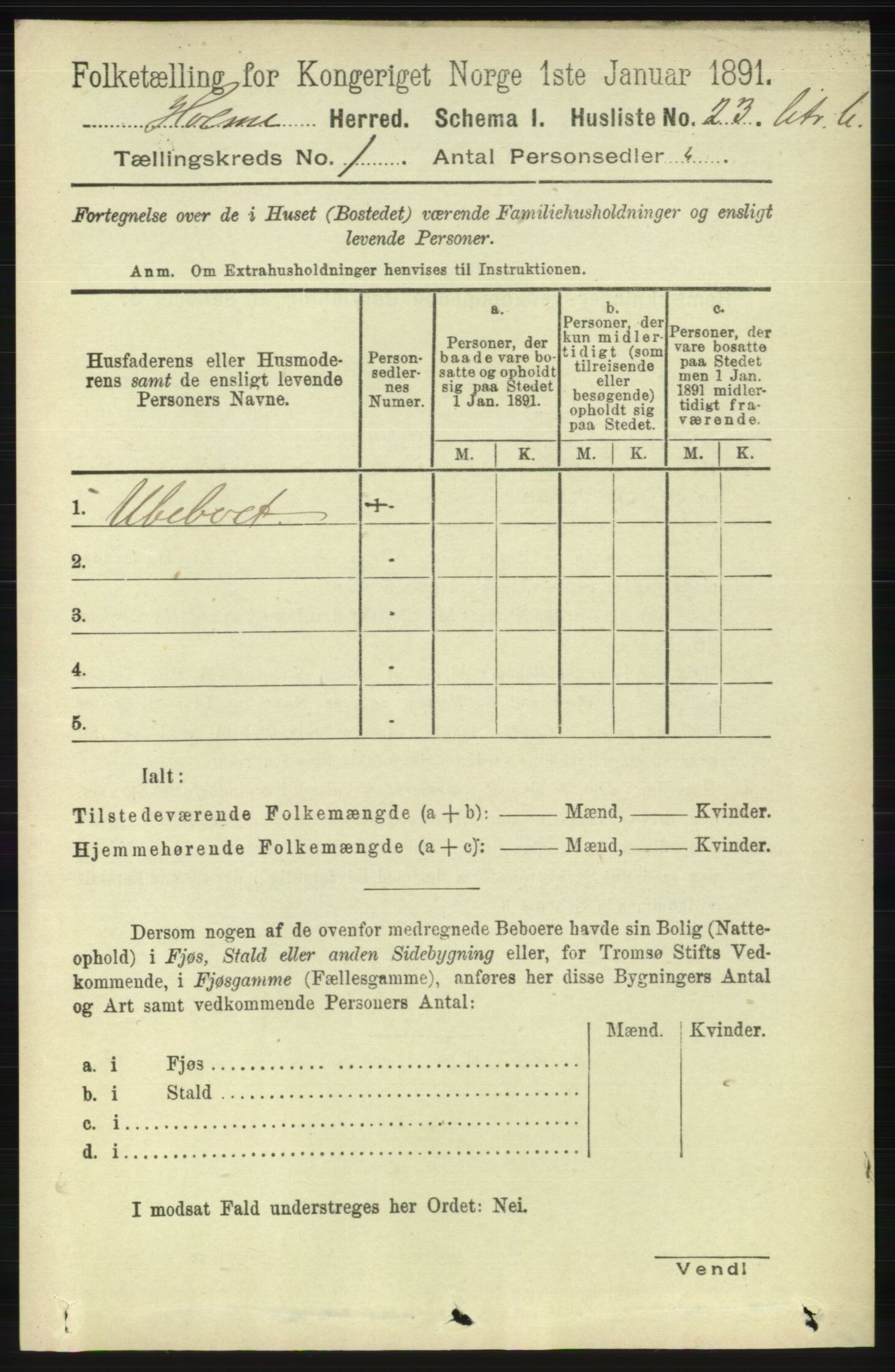 RA, 1891 census for 1020 Holum, 1891, p. 44