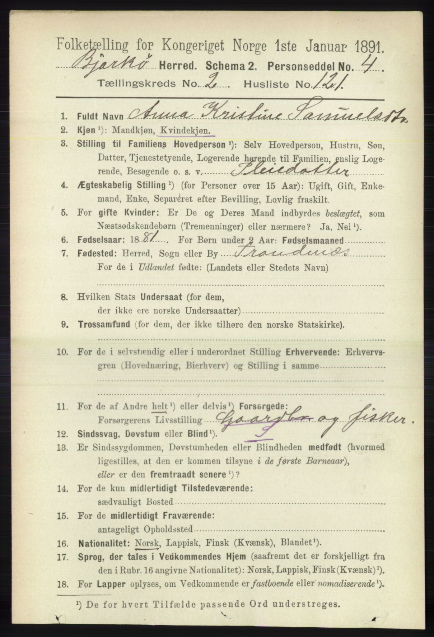 RA, 1891 census for 1915 Bjarkøy, 1891, p. 1476