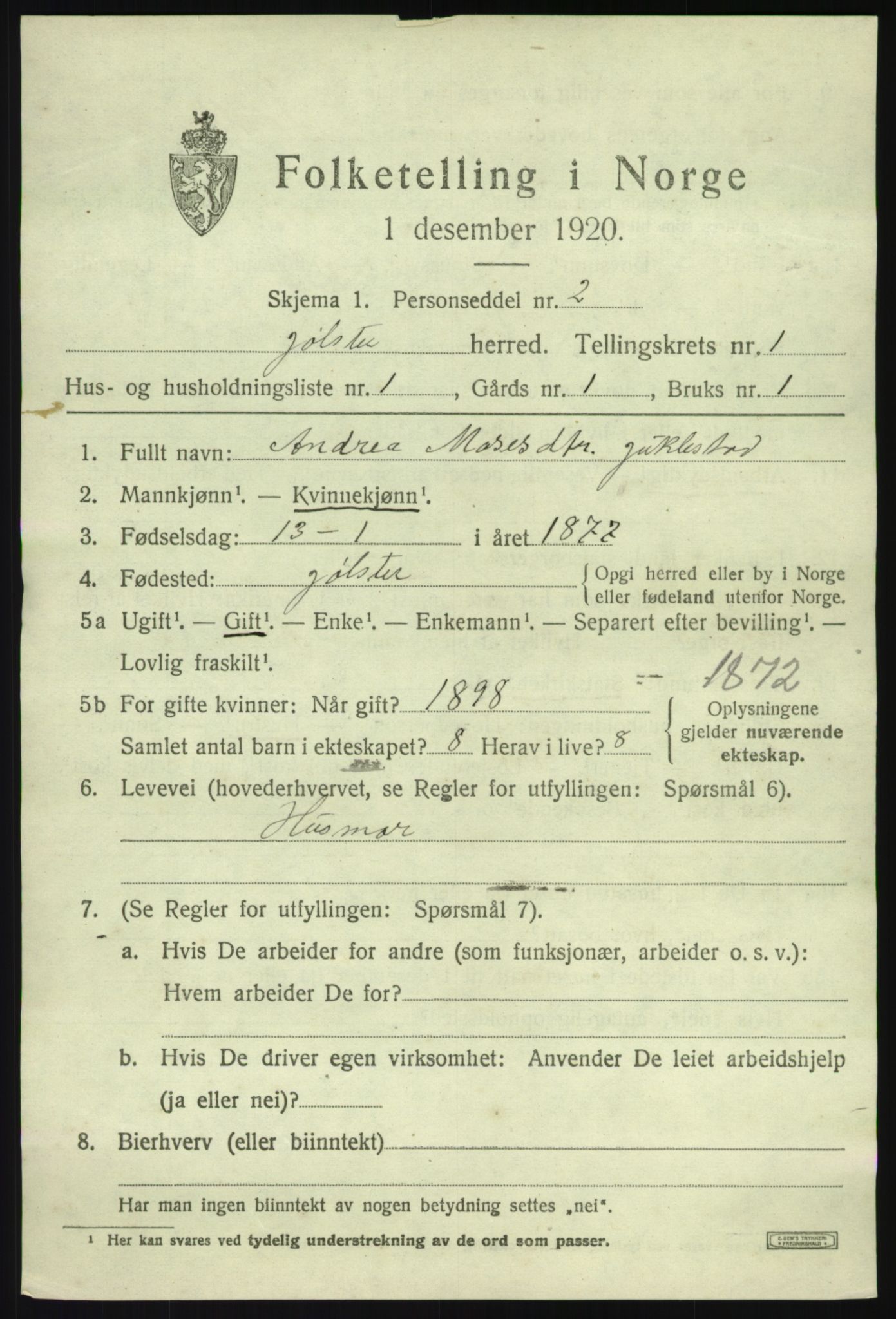 SAB, 1920 census for Jølster, 1920, p. 996