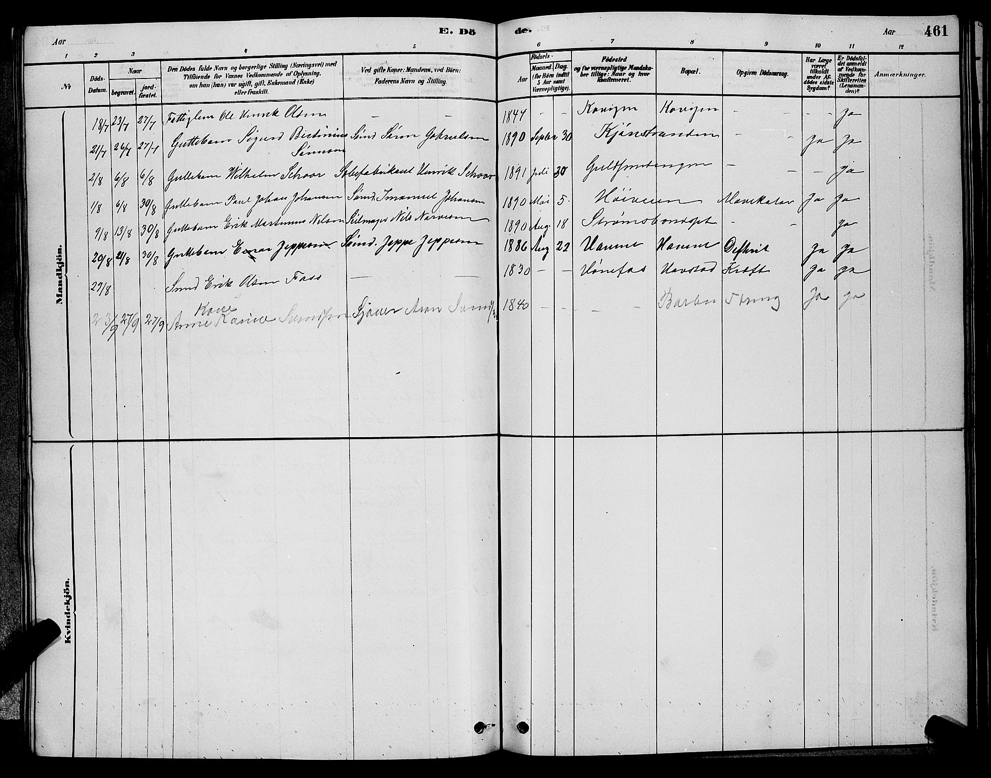 Barbu sokneprestkontor, AV/SAK-1111-0003/F/Fb/L0001: Parish register (copy) no. B 1, 1878-1890, p. 461