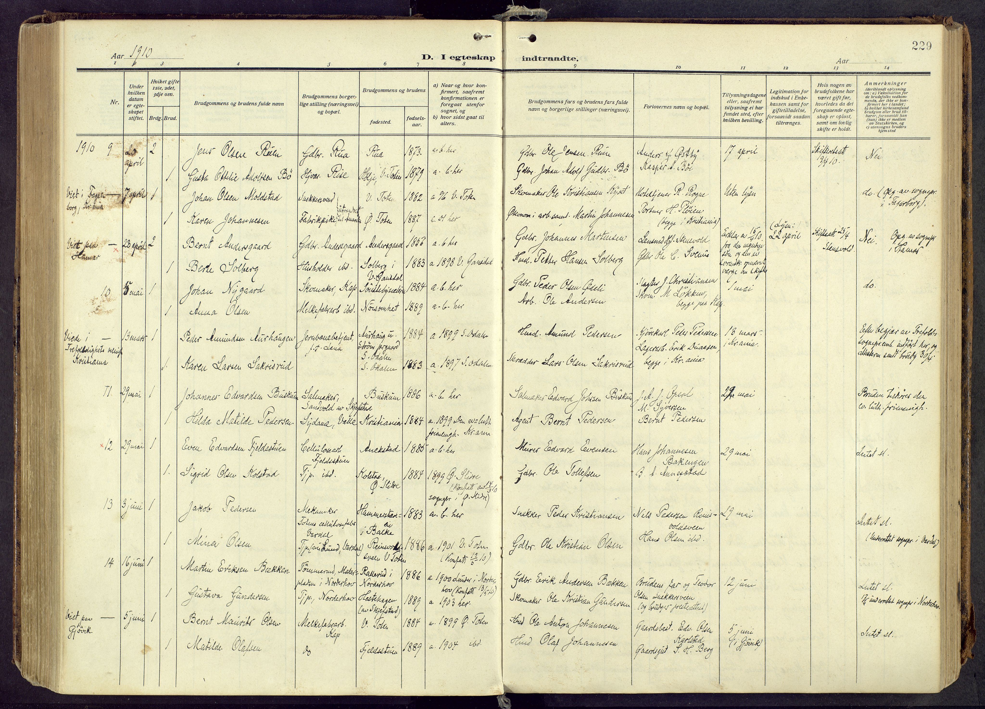 Østre Toten prestekontor, AV/SAH-PREST-104/H/Ha/Haa/L0010: Parish register (official) no. 10, 1910-1920, p. 229