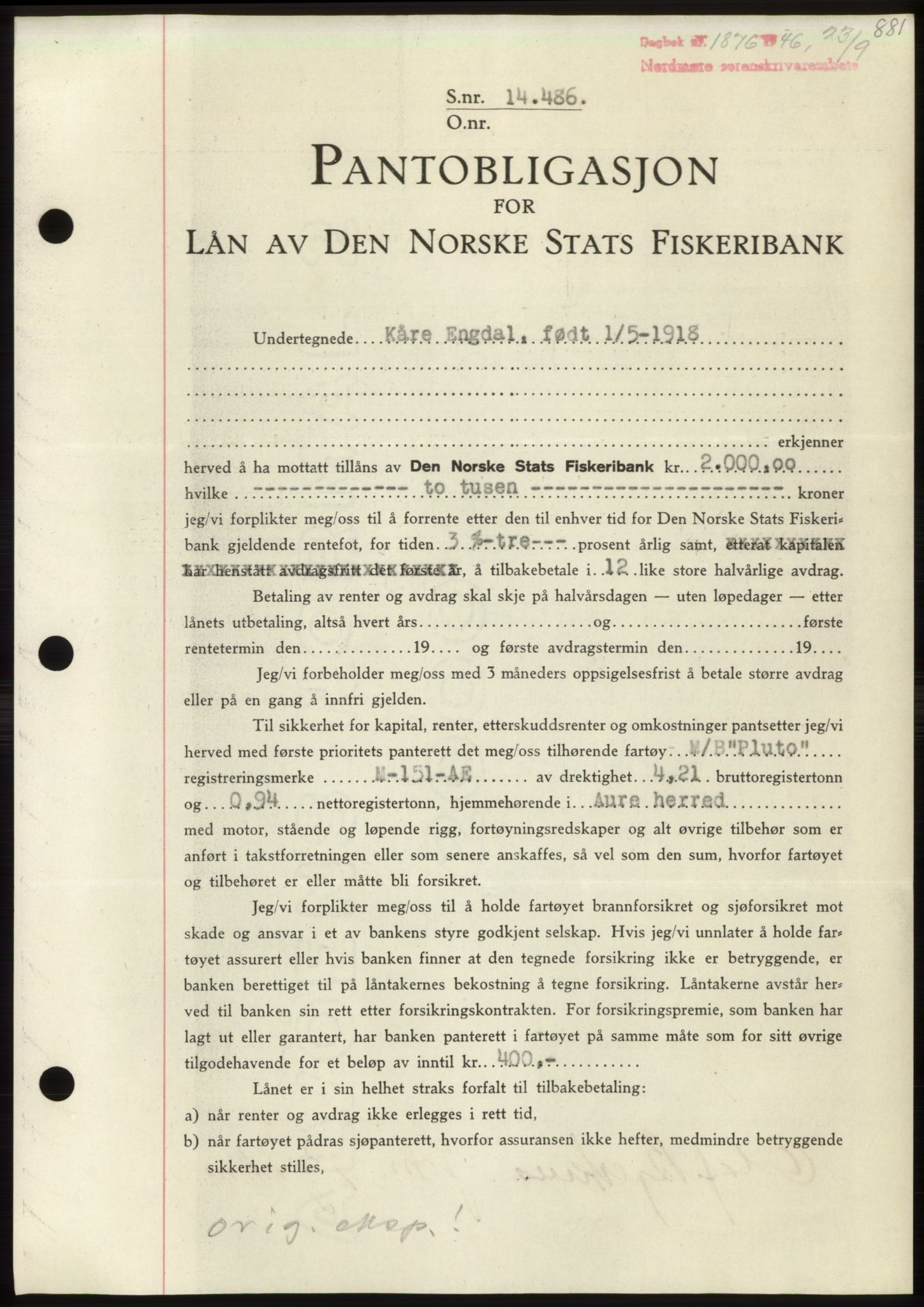 Nordmøre sorenskriveri, AV/SAT-A-4132/1/2/2Ca: Mortgage book no. B94, 1946-1946, Diary no: : 1876/1946