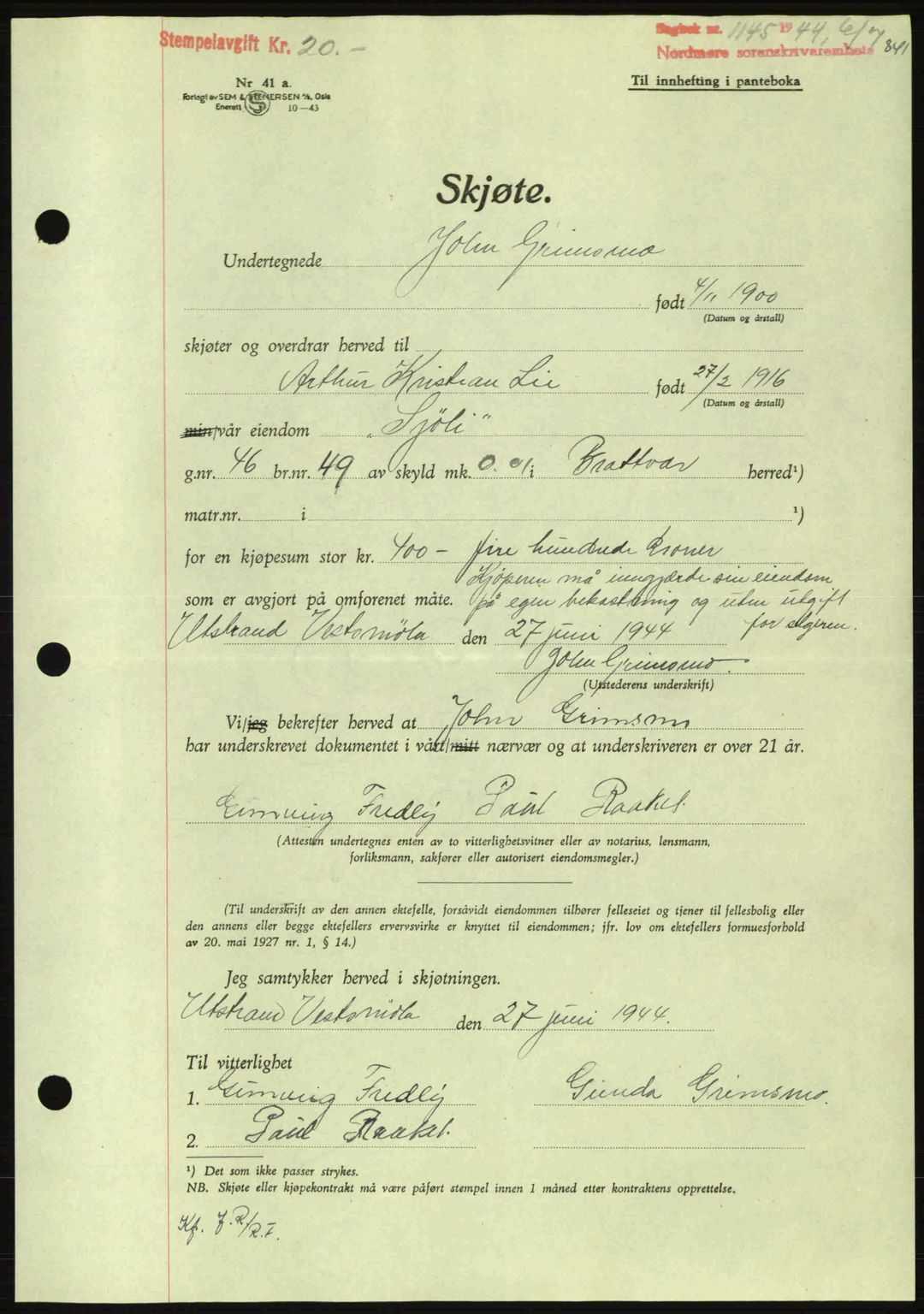 Nordmøre sorenskriveri, AV/SAT-A-4132/1/2/2Ca: Mortgage book no. A97, 1944-1944, Diary no: : 1145/1944