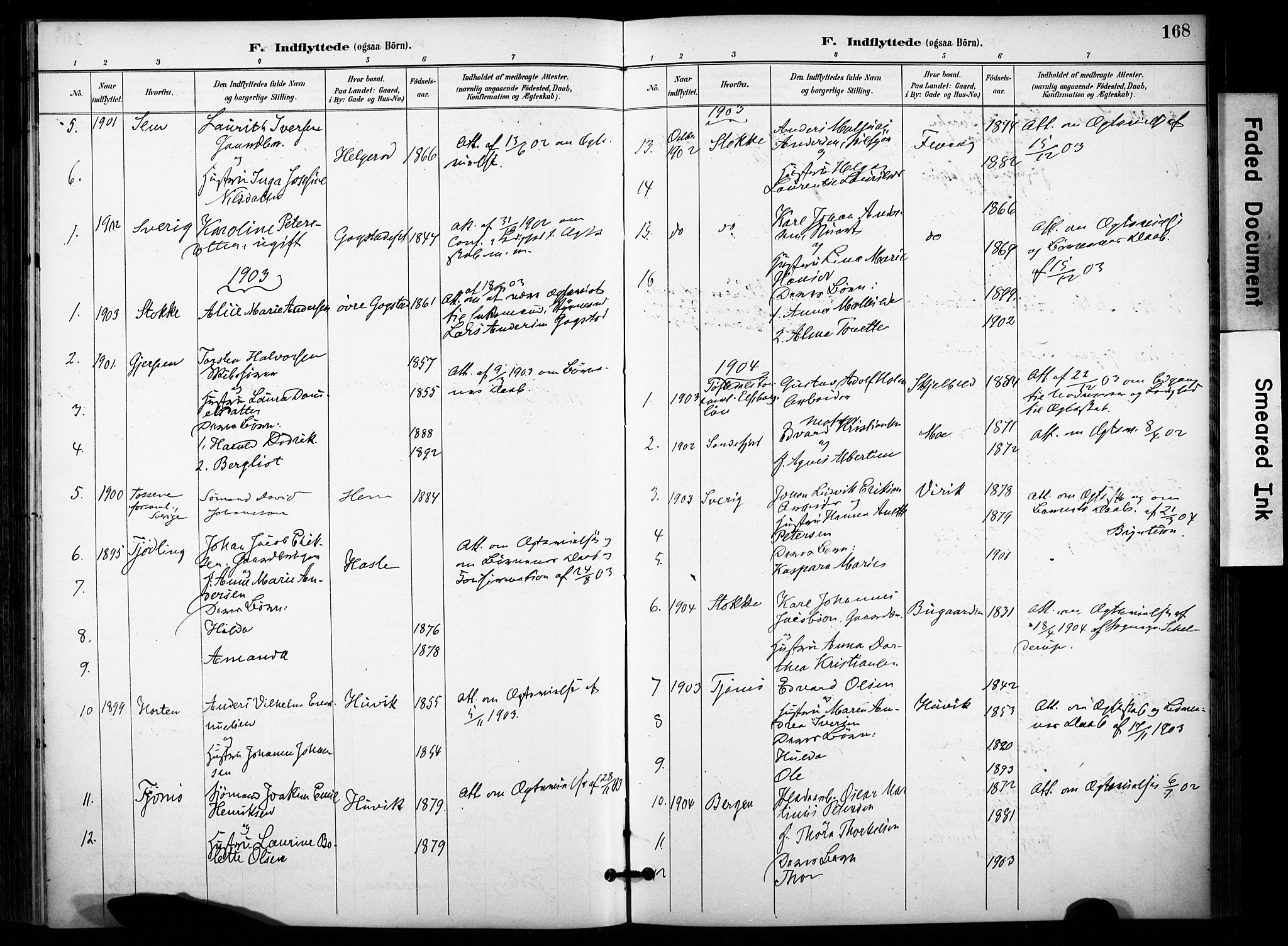 Sandar kirkebøker, SAKO/A-243/F/Fa/L0015: Parish register (official) no. 15, 1896-1907, p. 168