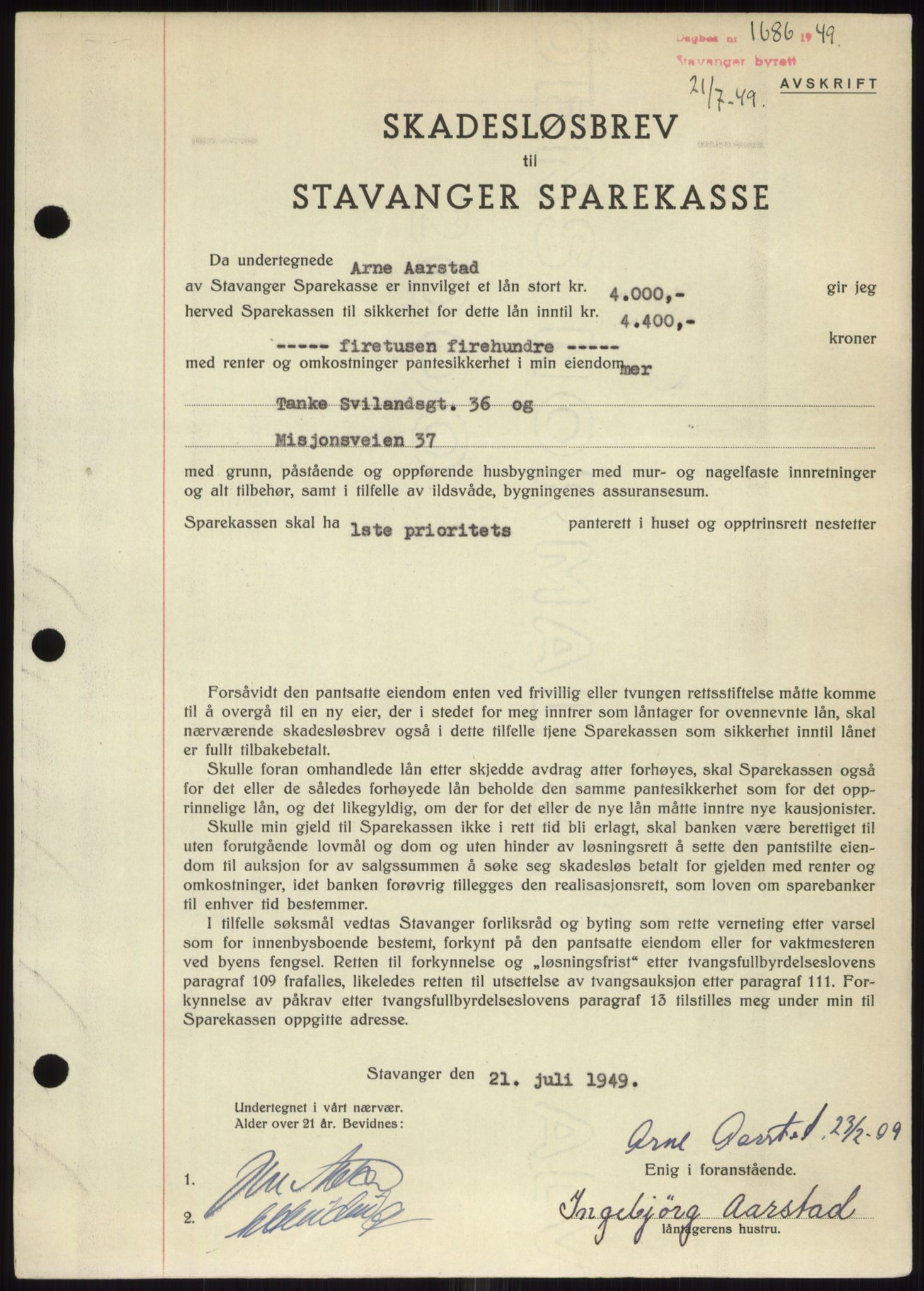 Stavanger byrett, SAST/A-100455/002/G/Gb/L0032: Mortgage book, 1947-1950, Diary no: : 1686/1949