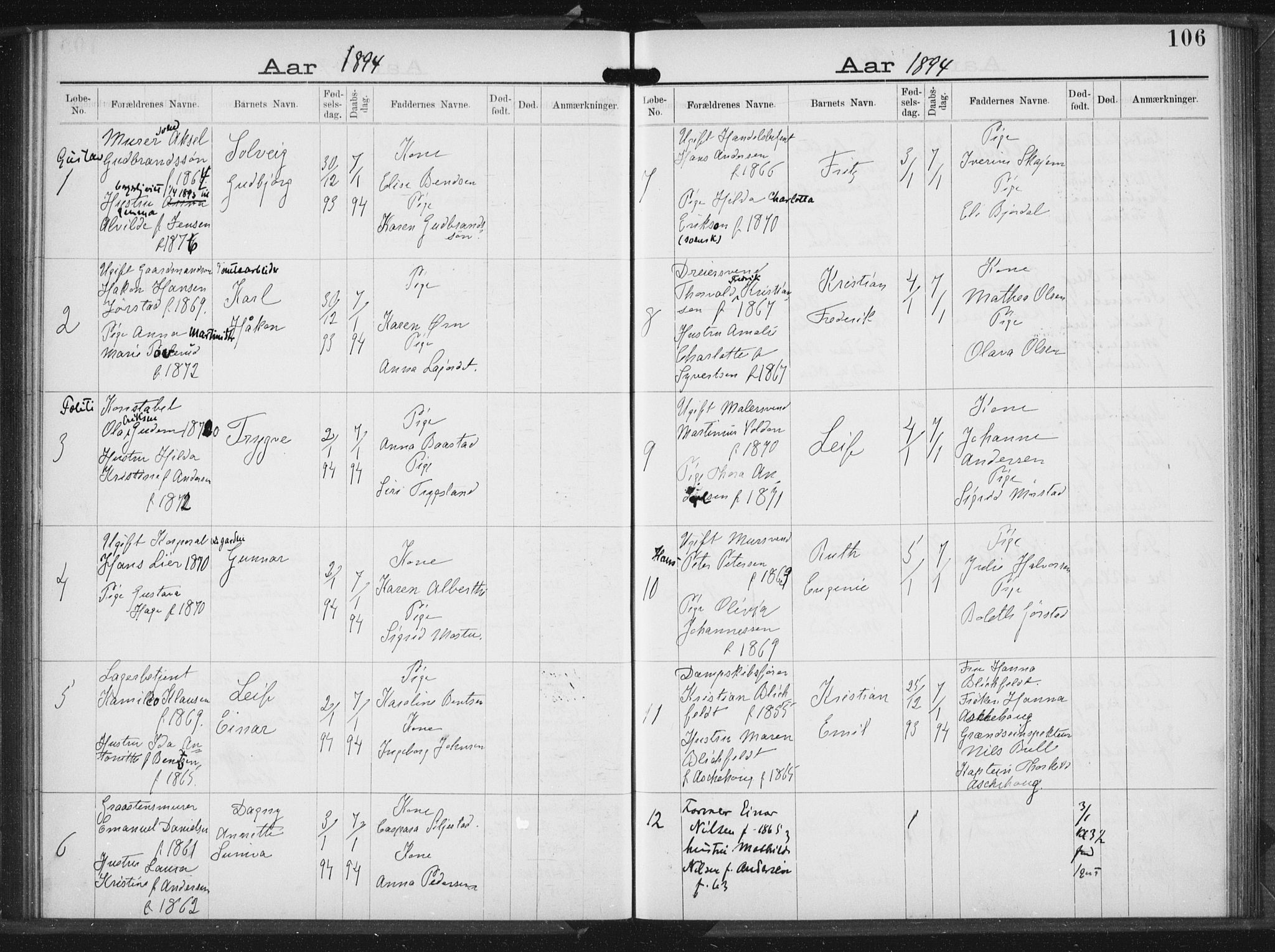 Rikshospitalet prestekontor Kirkebøker, AV/SAO-A-10309b/K/L0004/0001: Baptism register no. 4.1, 1892-1895, p. 106