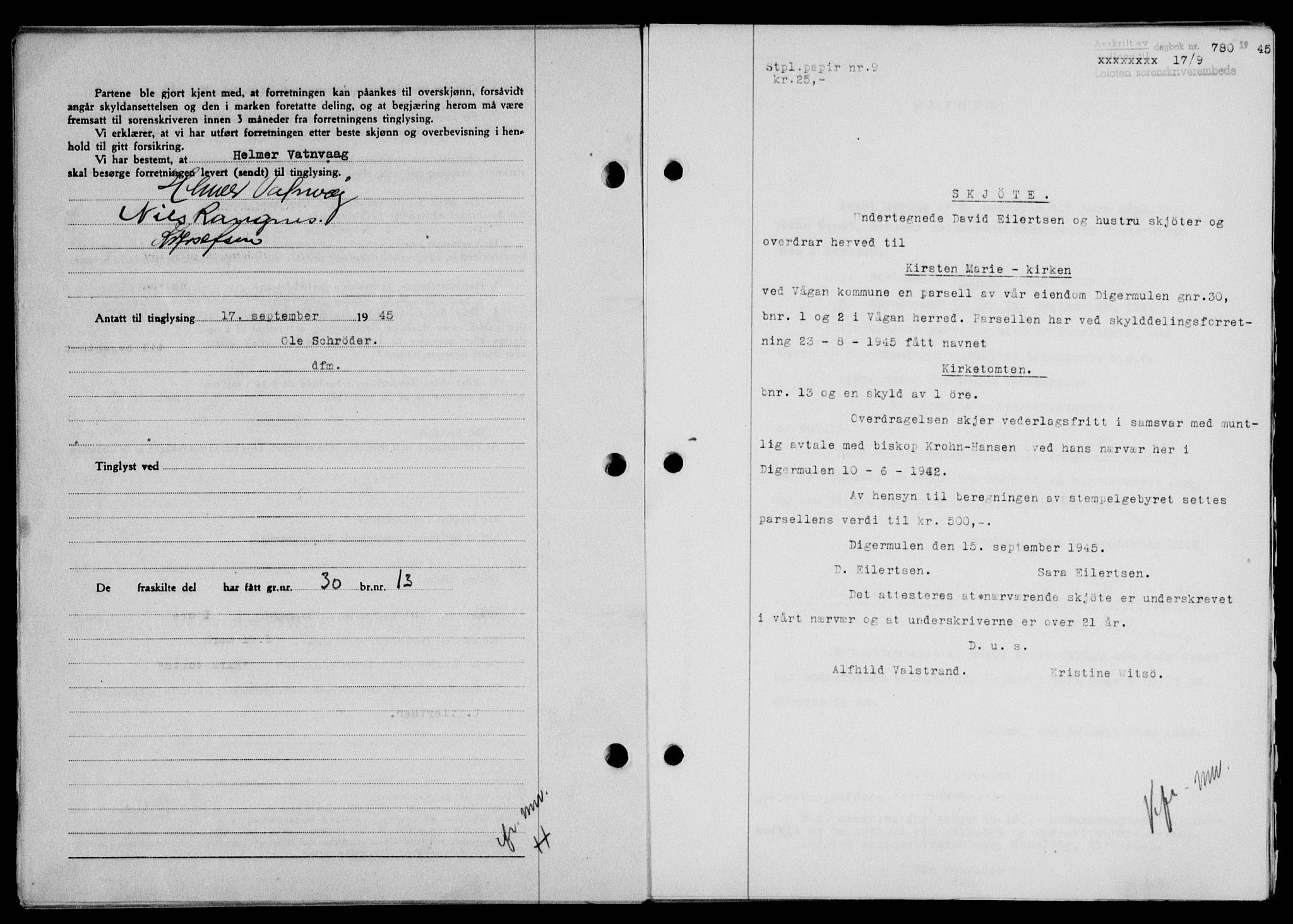 Lofoten sorenskriveri, SAT/A-0017/1/2/2C/L0013a: Mortgage book no. 13a, 1944-1946, Diary no: : 780/1945