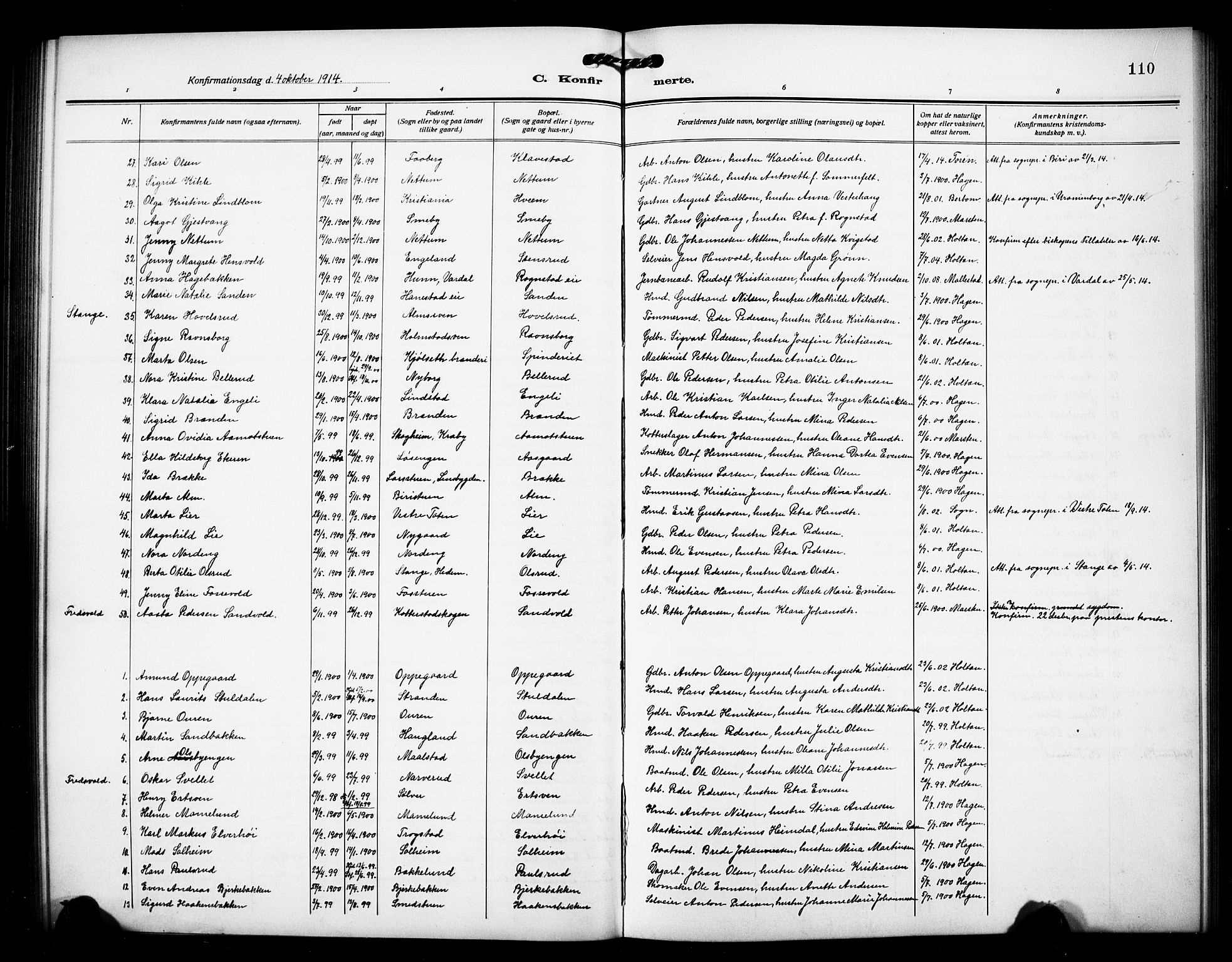 Østre Toten prestekontor, SAH/PREST-104/H/Ha/Hab/L0008: Parish register (copy) no. 8, 1913-1929, p. 110