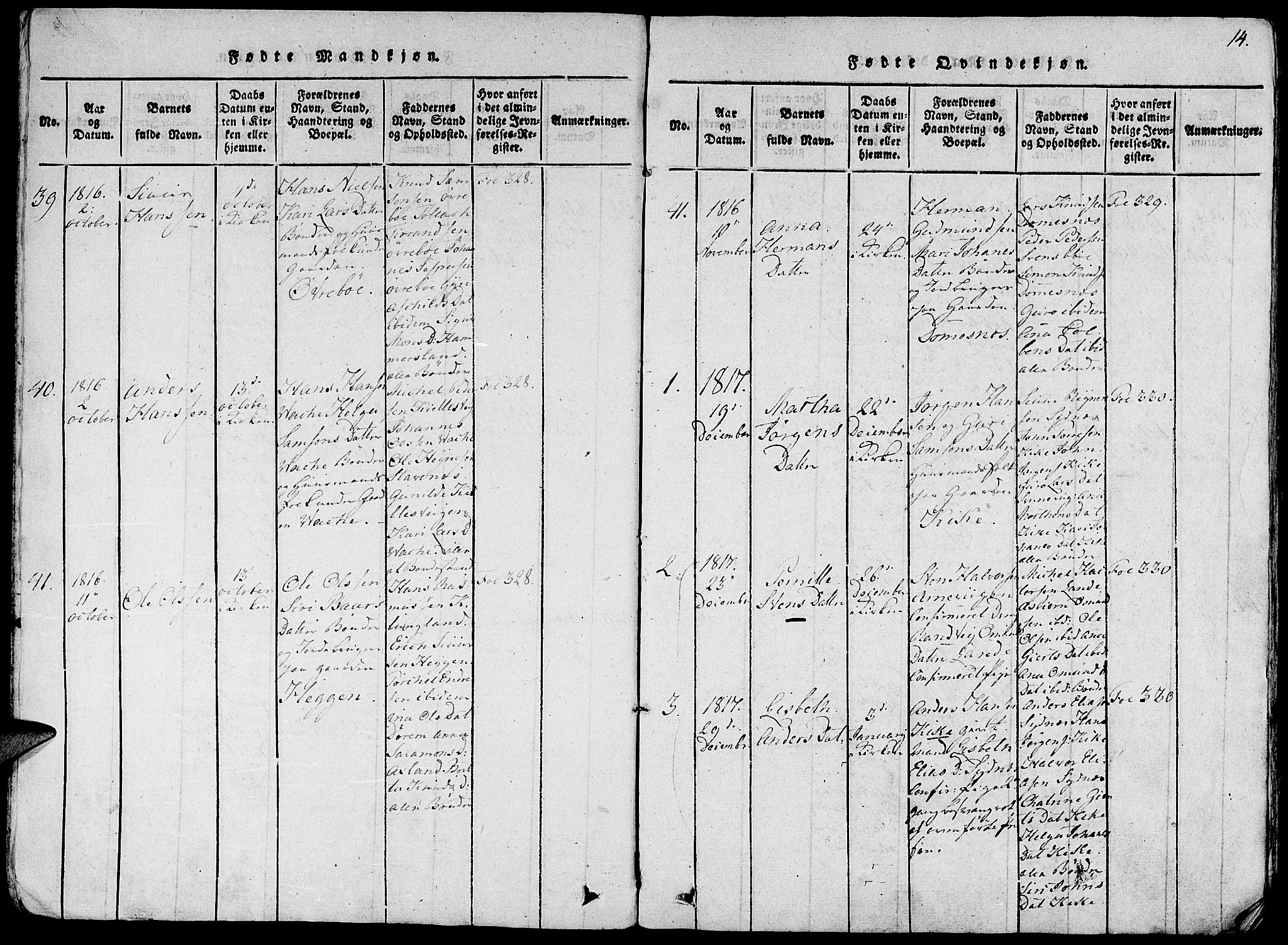 Fjelberg sokneprestembete, AV/SAB-A-75201/H/Haa: Parish register (official) no. A 4, 1816-1822, p. 14