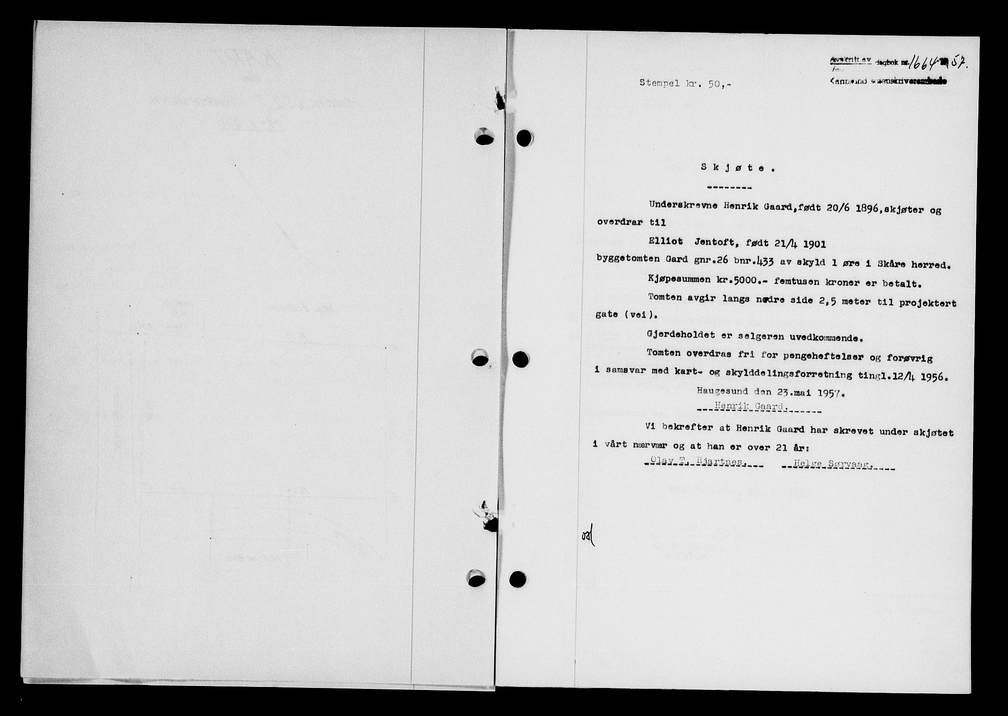 Karmsund sorenskriveri, SAST/A-100311/01/II/IIB/L0125: Mortgage book no. 105A, 1957-1957, Diary no: : 1664/1957