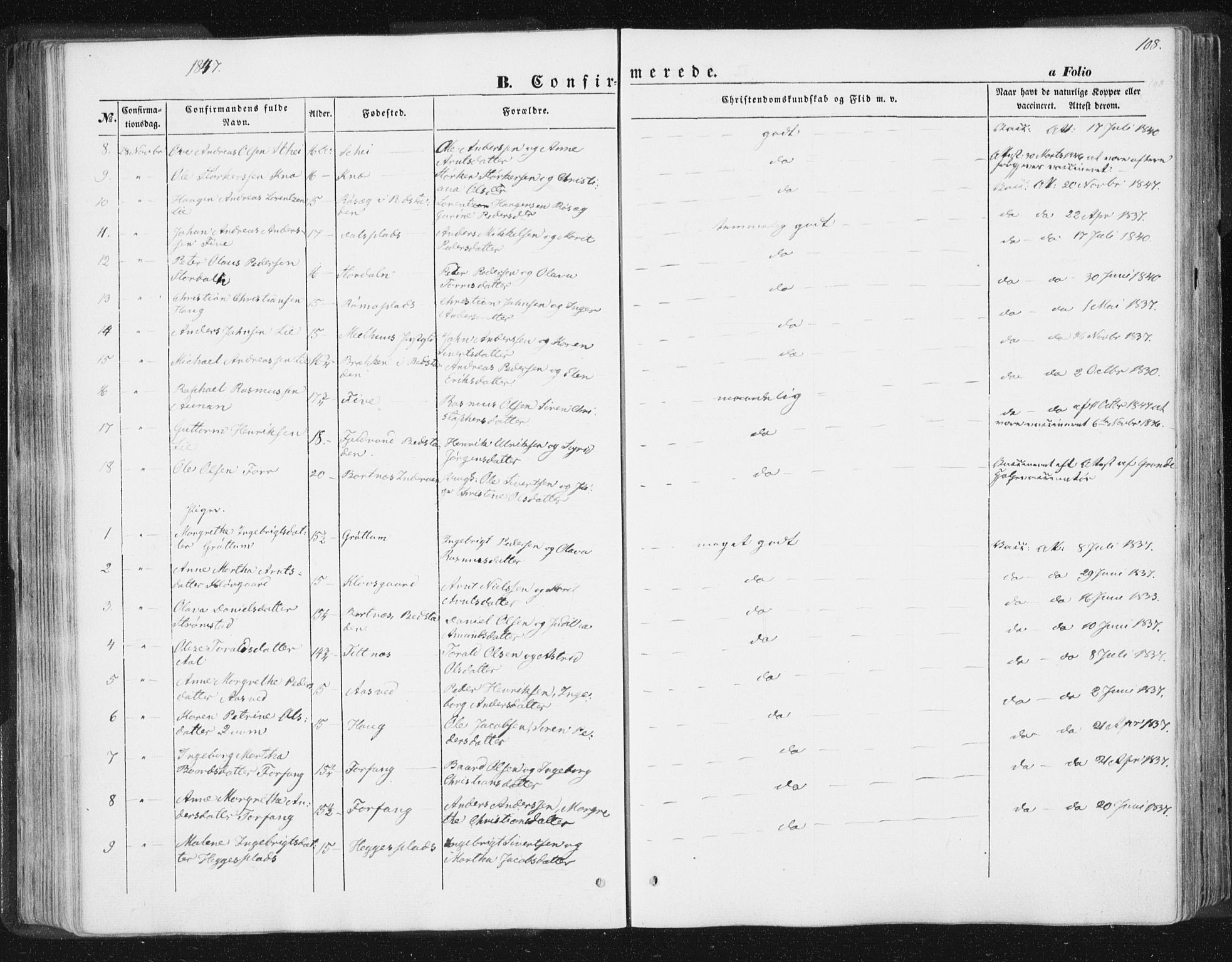 Ministerialprotokoller, klokkerbøker og fødselsregistre - Nord-Trøndelag, SAT/A-1458/746/L0446: Parish register (official) no. 746A05, 1846-1859, p. 108