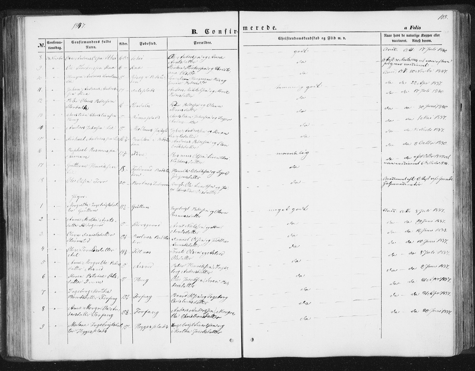 Ministerialprotokoller, klokkerbøker og fødselsregistre - Nord-Trøndelag, AV/SAT-A-1458/746/L0446: Parish register (official) no. 746A05, 1846-1859, p. 108