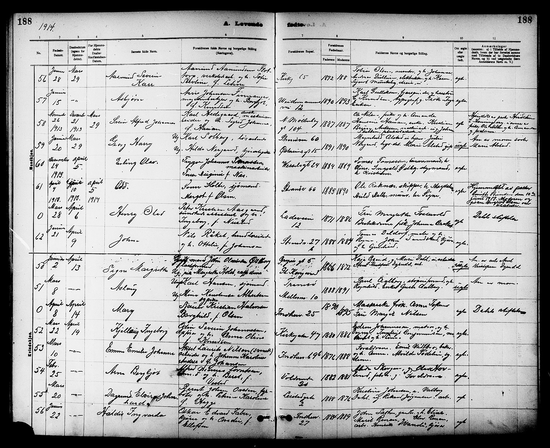 Ministerialprotokoller, klokkerbøker og fødselsregistre - Sør-Trøndelag, SAT/A-1456/605/L0254: Parish register (copy) no. 605C01, 1908-1916, p. 188