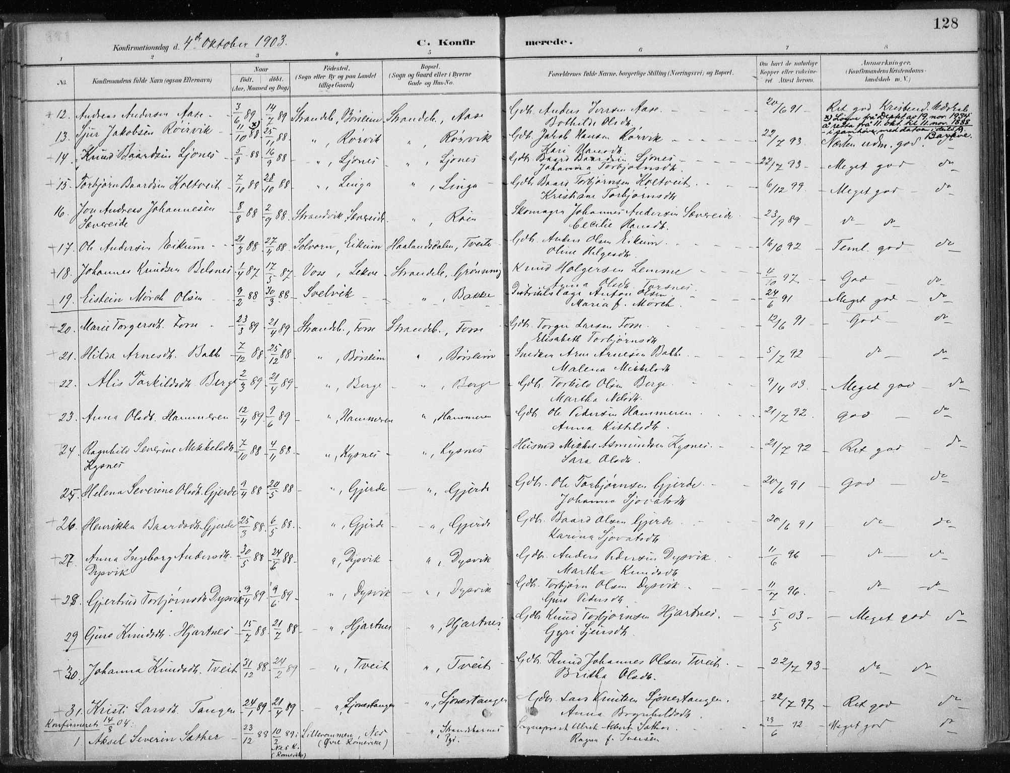 Strandebarm sokneprestembete, AV/SAB-A-78401/H/Haa: Parish register (official) no. B  1, 1886-1908, p. 128