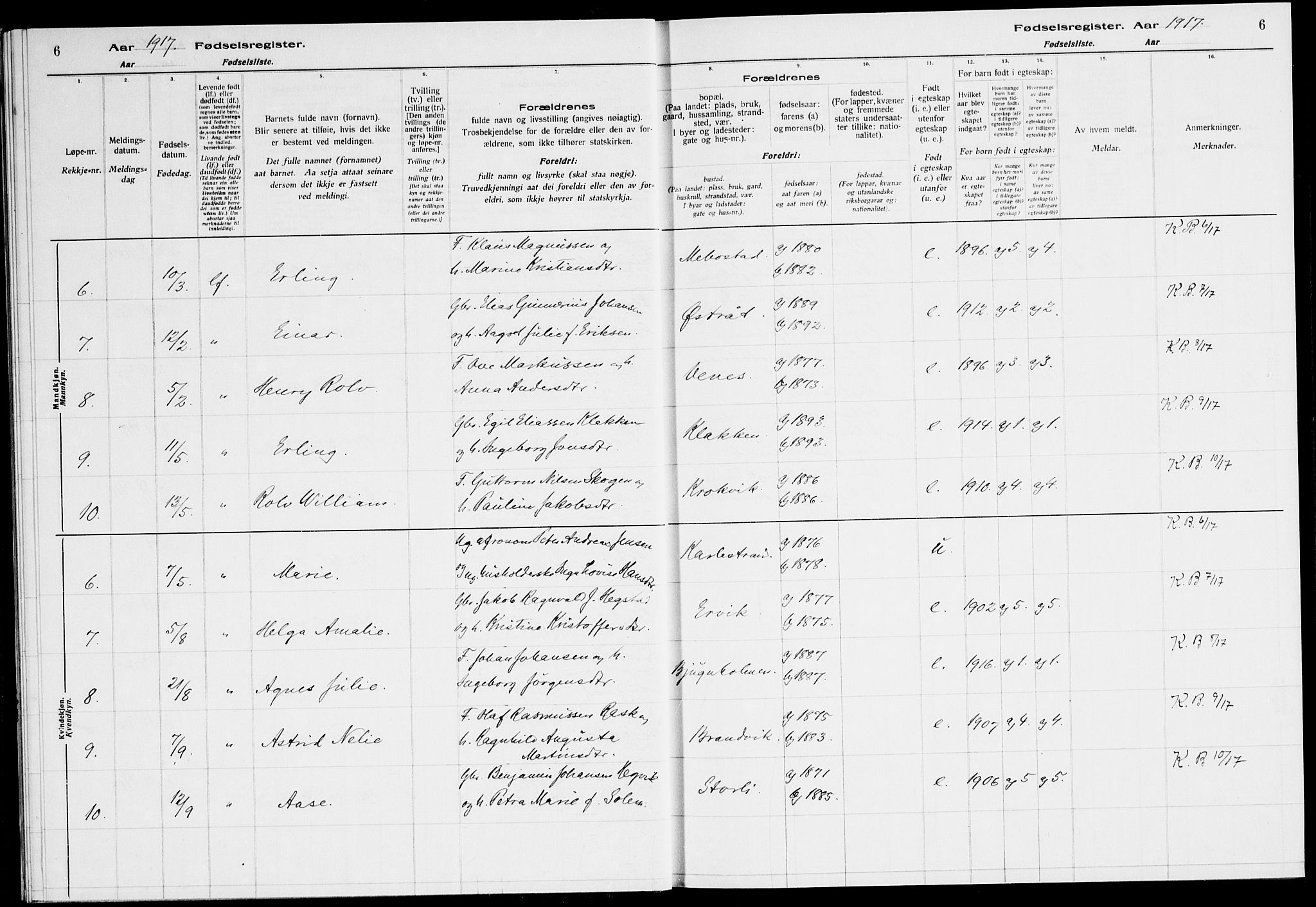 Ministerialprotokoller, klokkerbøker og fødselsregistre - Sør-Trøndelag, AV/SAT-A-1456/651/L0650: Birth register no. 651.II.4.1, 1916-1923, p. 6