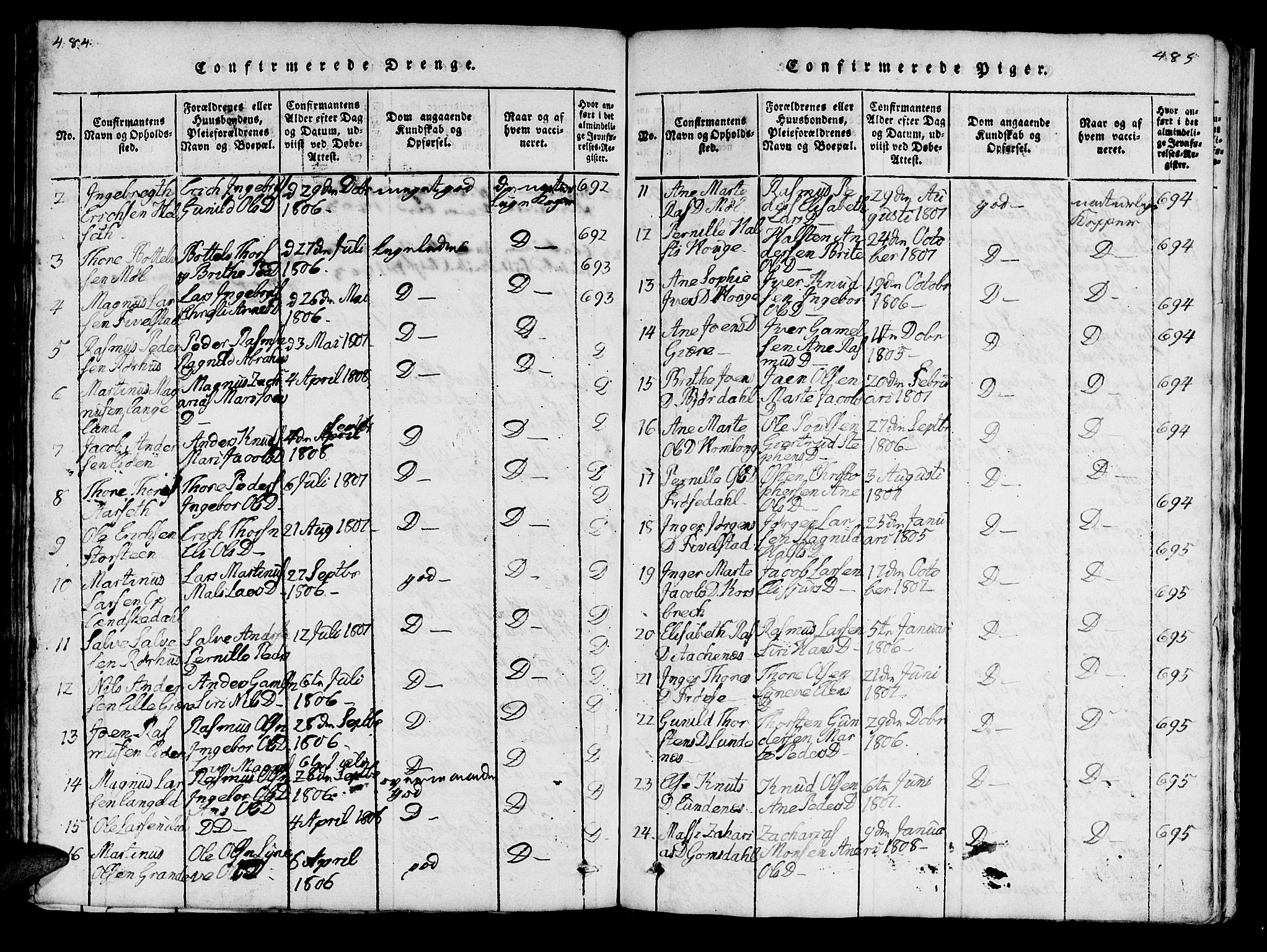 Ministerialprotokoller, klokkerbøker og fødselsregistre - Møre og Romsdal, SAT/A-1454/519/L0246: Parish register (official) no. 519A05, 1817-1834, p. 484-485