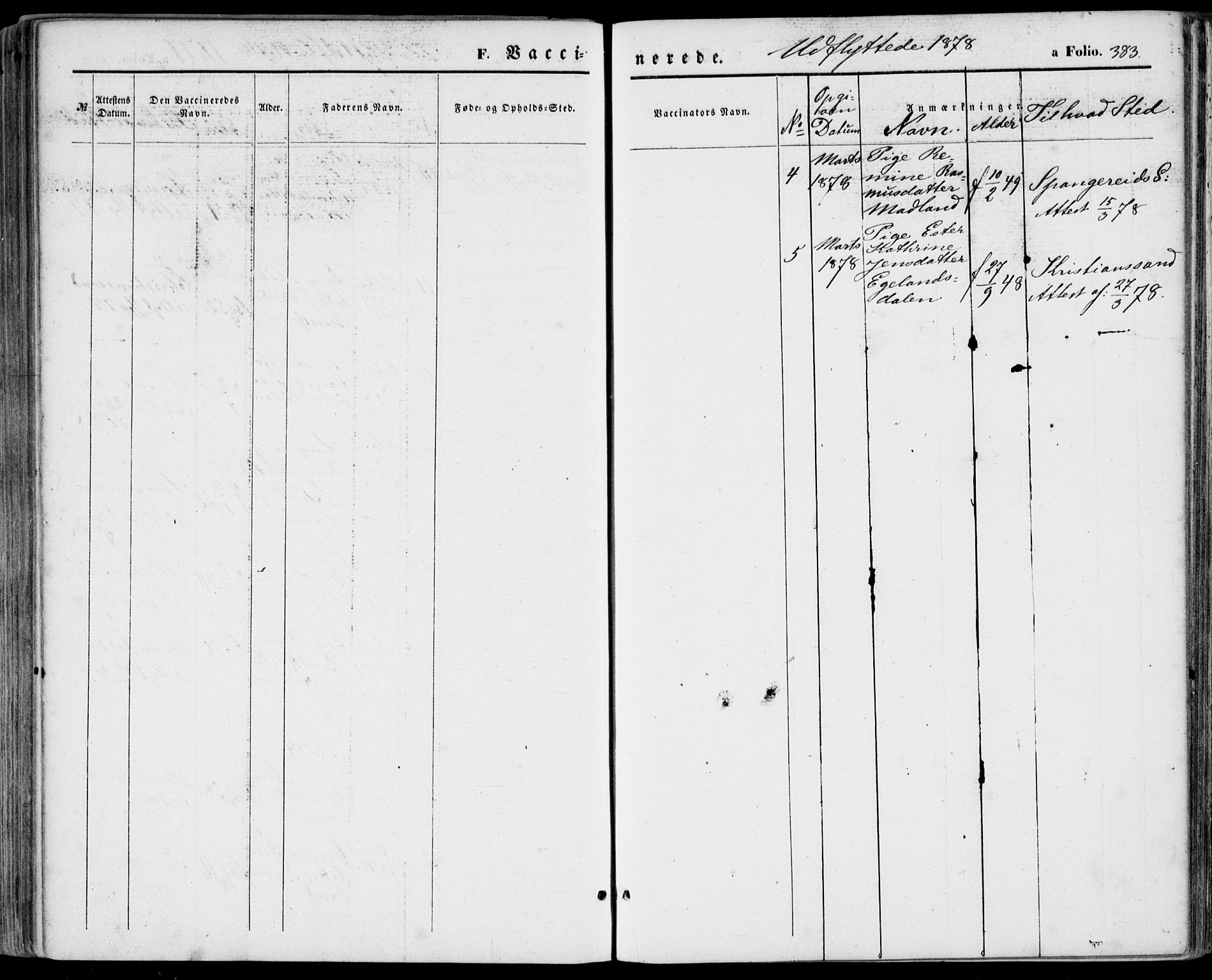 Lyngdal sokneprestkontor, SAK/1111-0029/F/Fa/Fac/L0010: Parish register (official) no. A 10, 1865-1878, p. 383