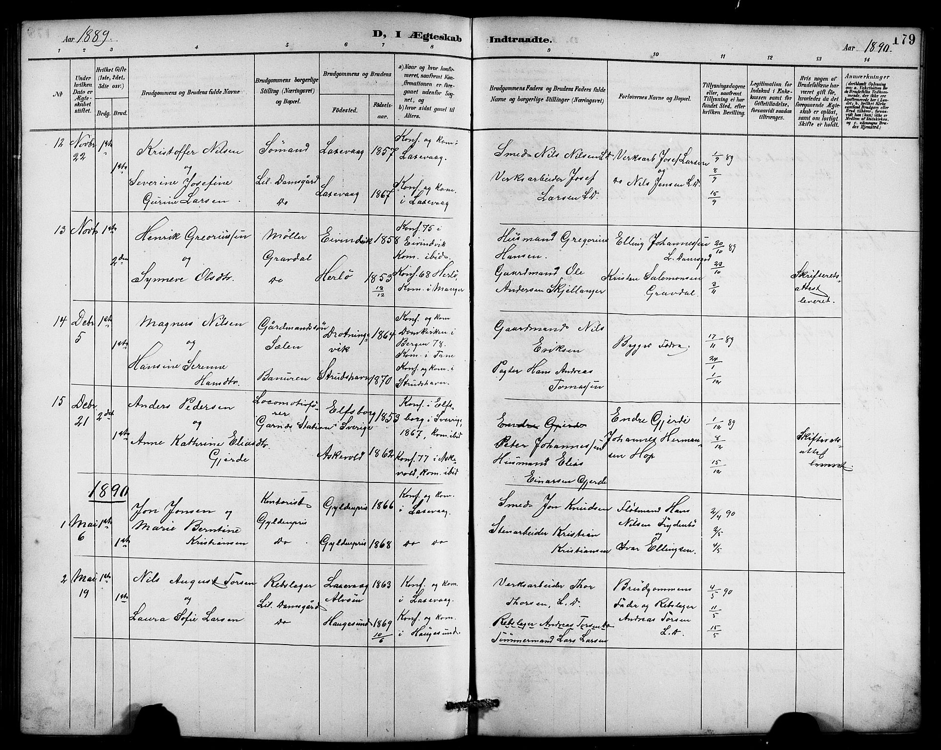 Laksevåg Sokneprestembete, SAB/A-76501/H/Ha/Hab/Haba/L0003: Parish register (copy) no. A 3, 1887-1899, p. 179