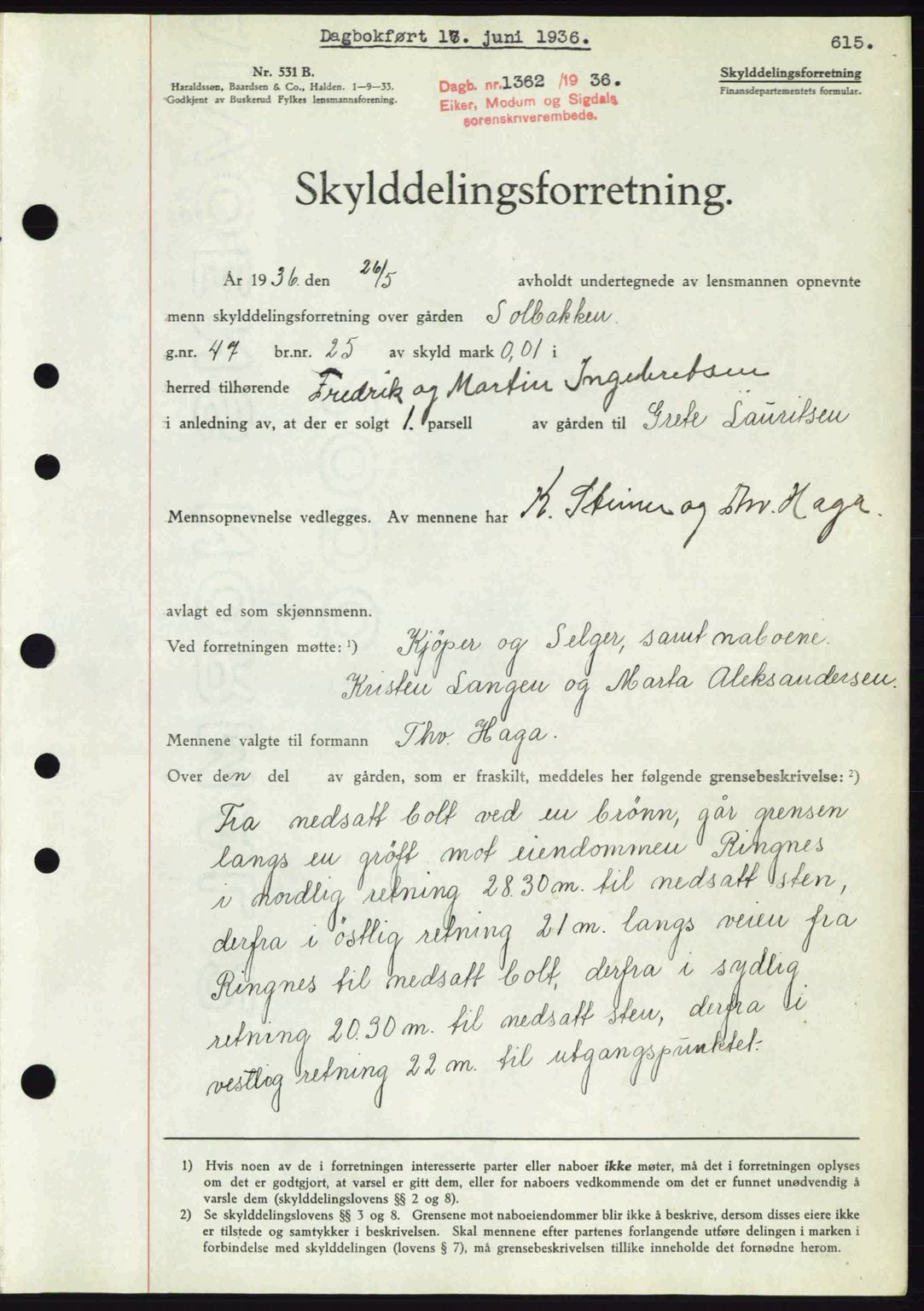 Eiker, Modum og Sigdal sorenskriveri, SAKO/A-123/G/Ga/Gab/L0032: Mortgage book no. A2, 1936-1936, Diary no: : 1362/1936