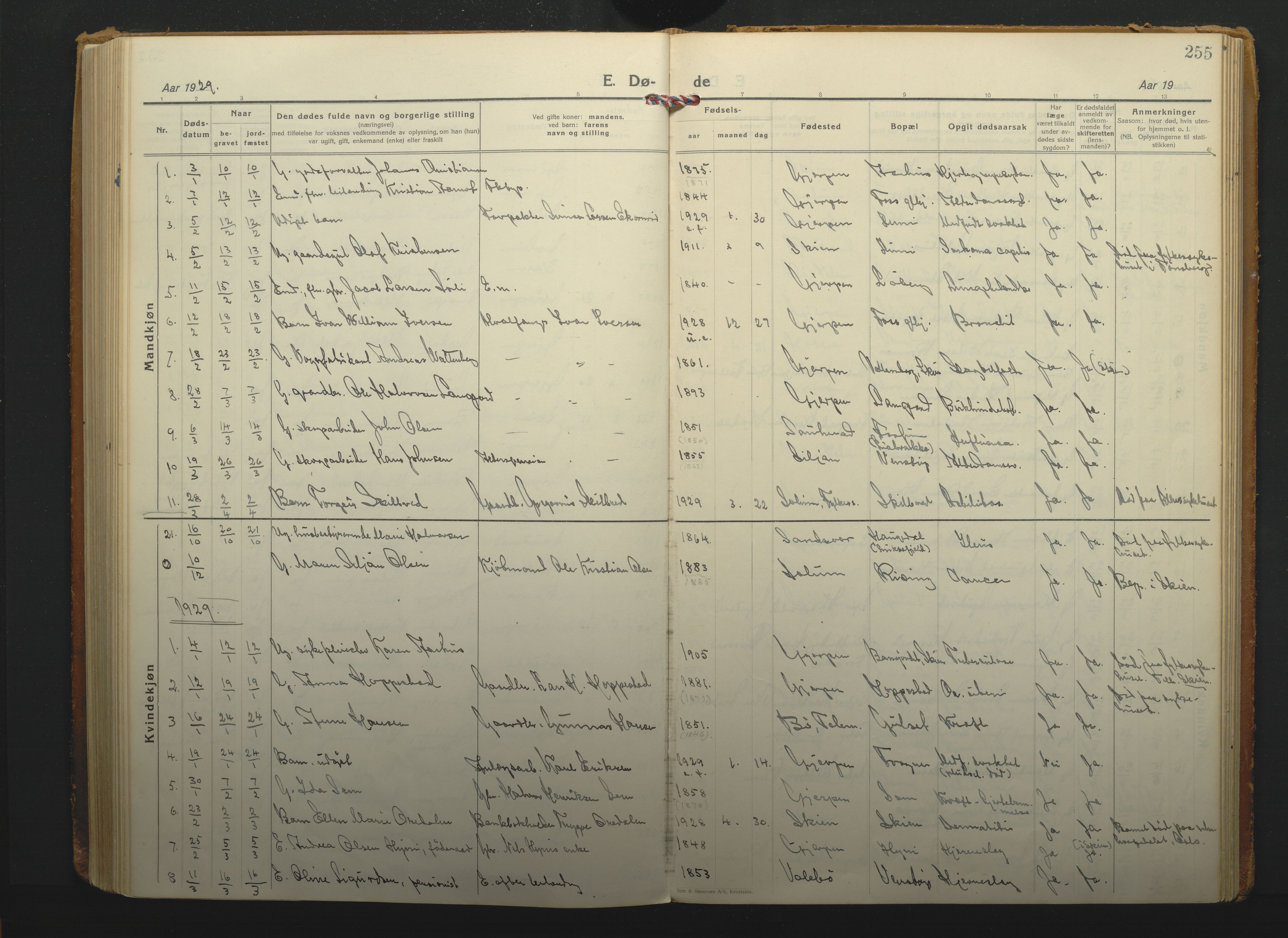 Gjerpen kirkebøker, SAKO/A-265/F/Fa/L0014: Parish register (official) no. I 14, 1925-1938, p. 255