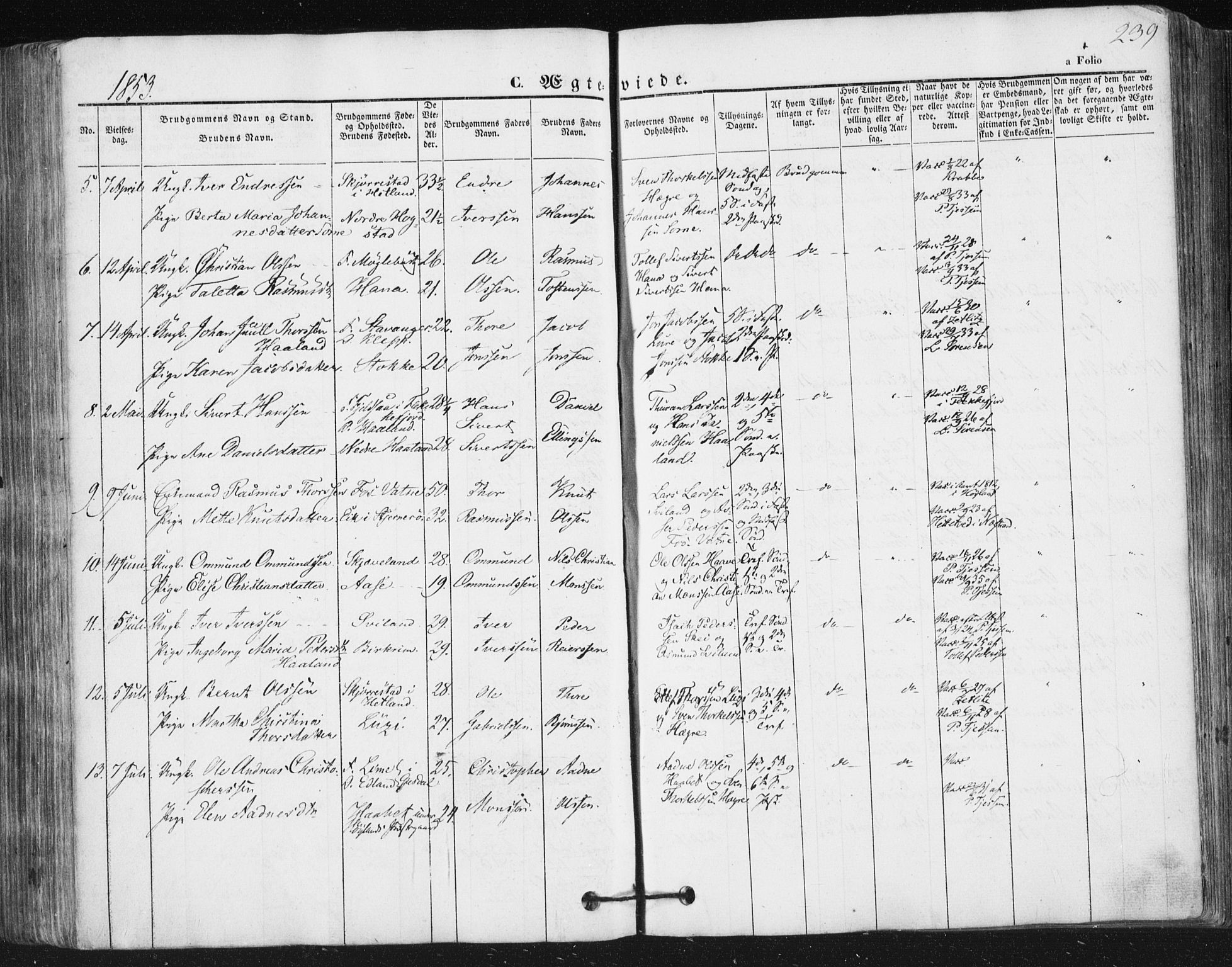 Høyland sokneprestkontor, SAST/A-101799/001/30BA/L0008: Parish register (official) no. A 8, 1841-1856, p. 239