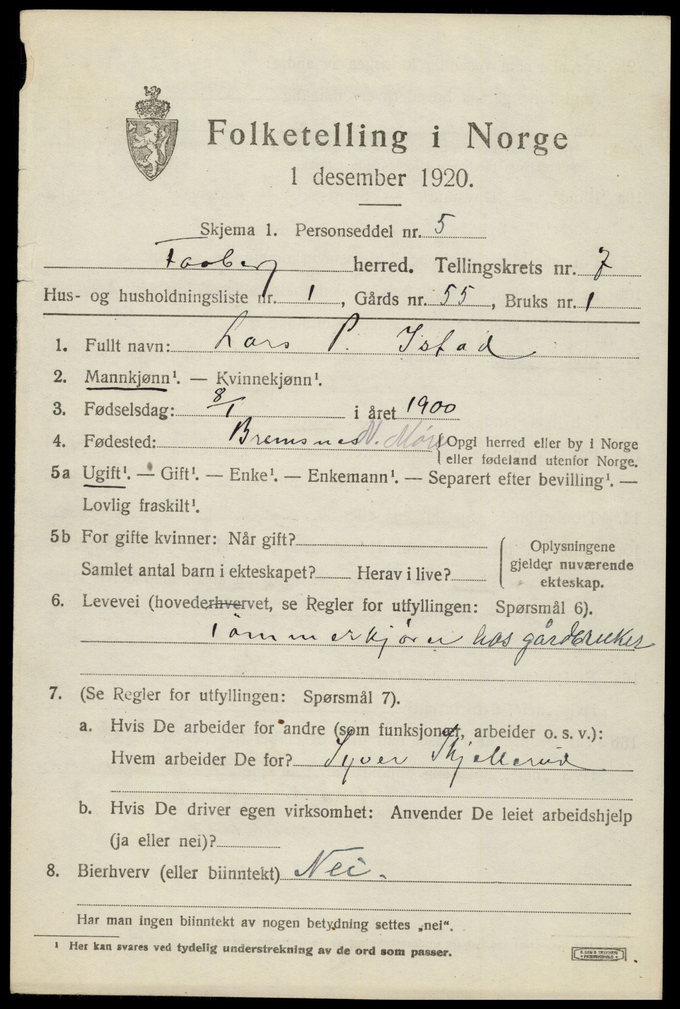 SAH, 1920 census for Fåberg, 1920, p. 7638