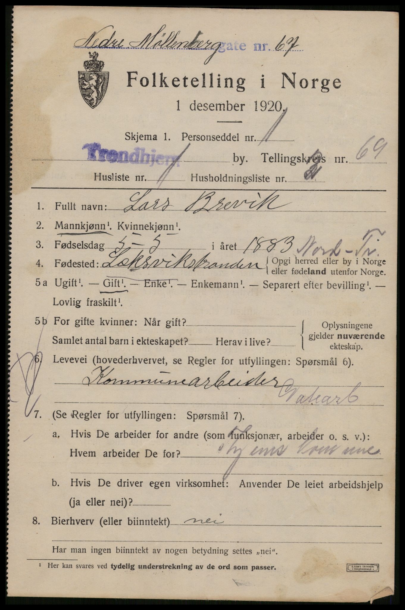 SAT, 1920 census for Trondheim, 1920, p. 135902