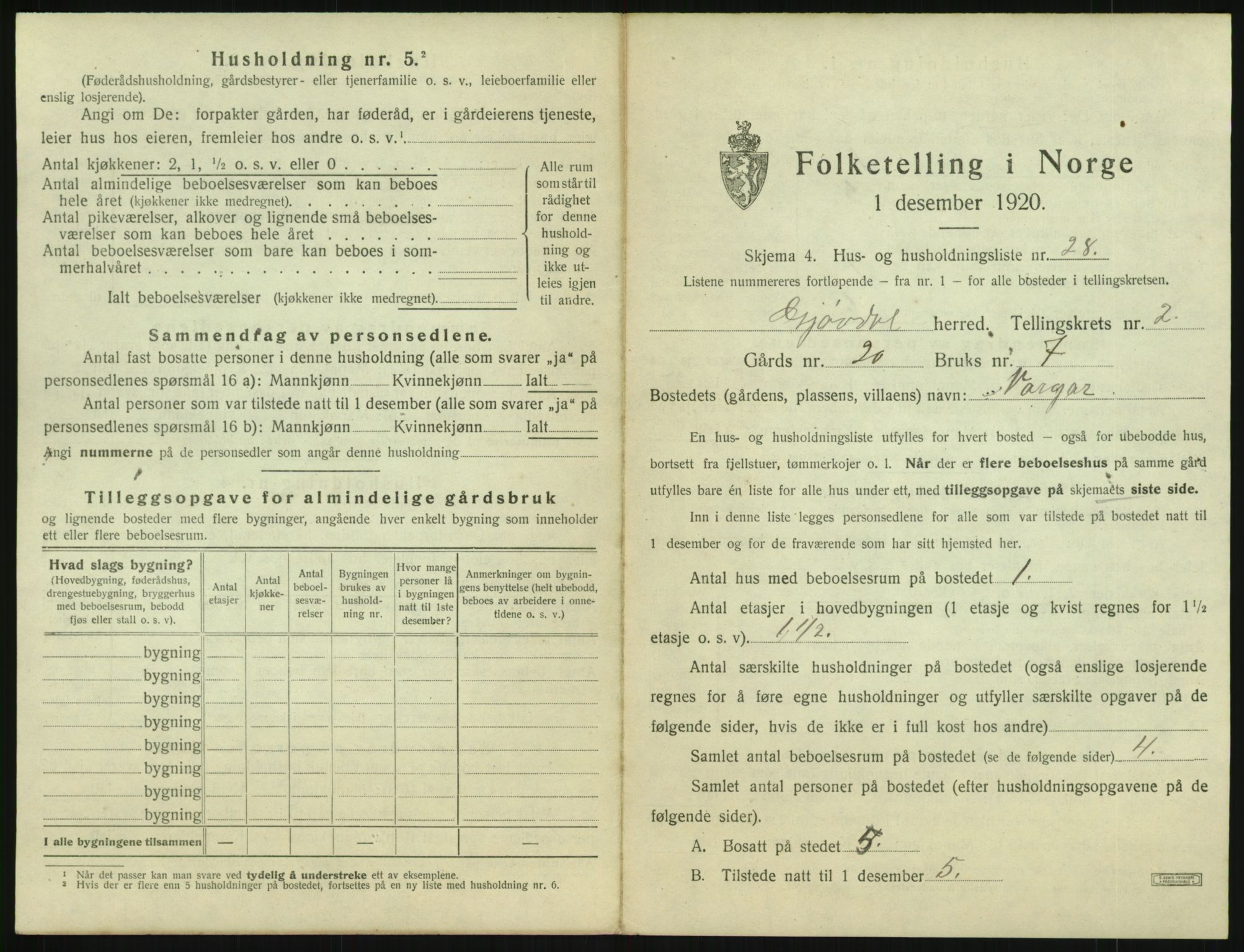 SAK, 1920 census for Gjøvdal, 1920, p. 178