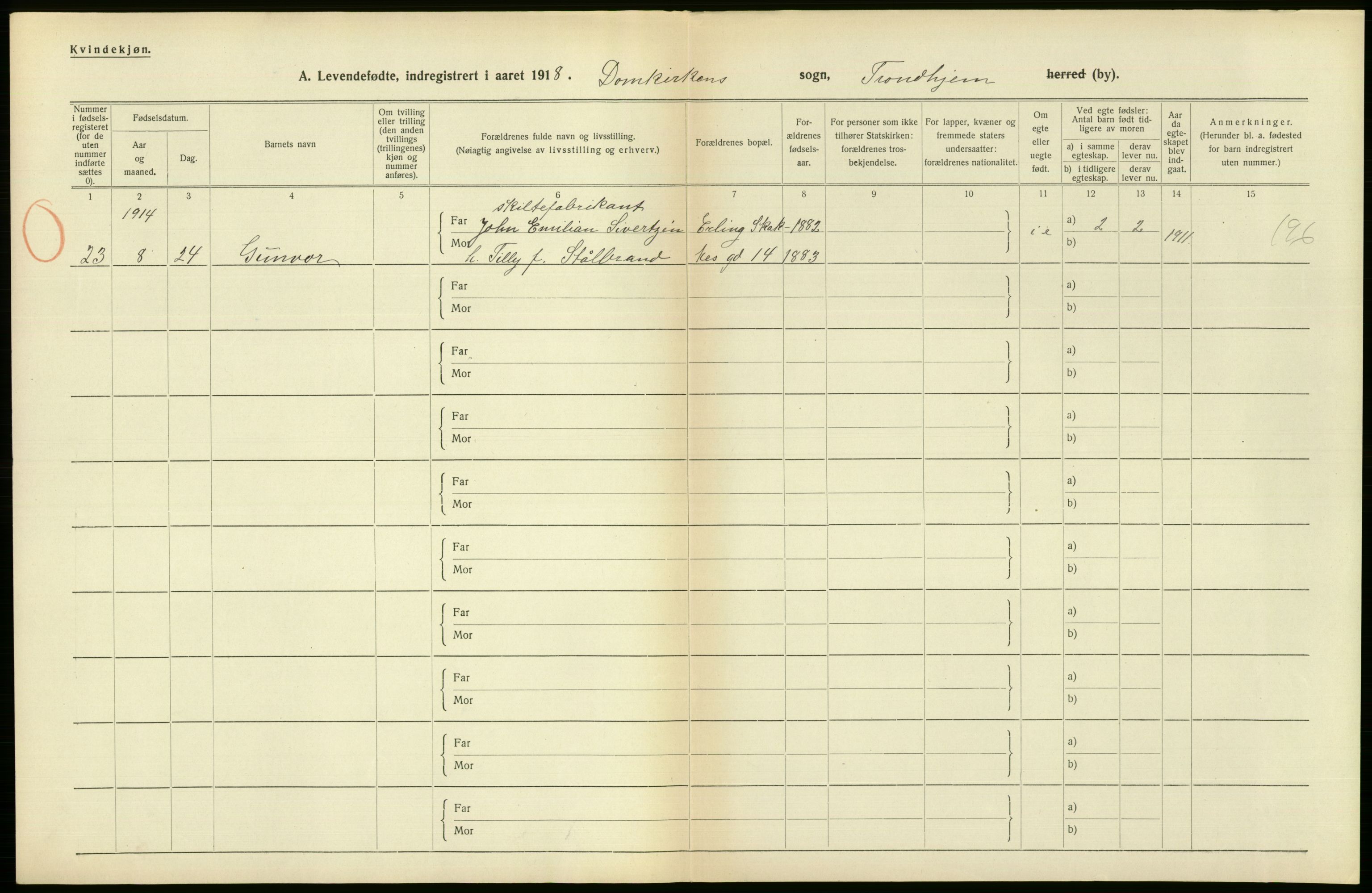 Statistisk sentralbyrå, Sosiodemografiske emner, Befolkning, AV/RA-S-2228/D/Df/Dfb/Dfbh/L0048: Trondheim: Levendefødte menn og kvinner, gifte., 1918, p. 544