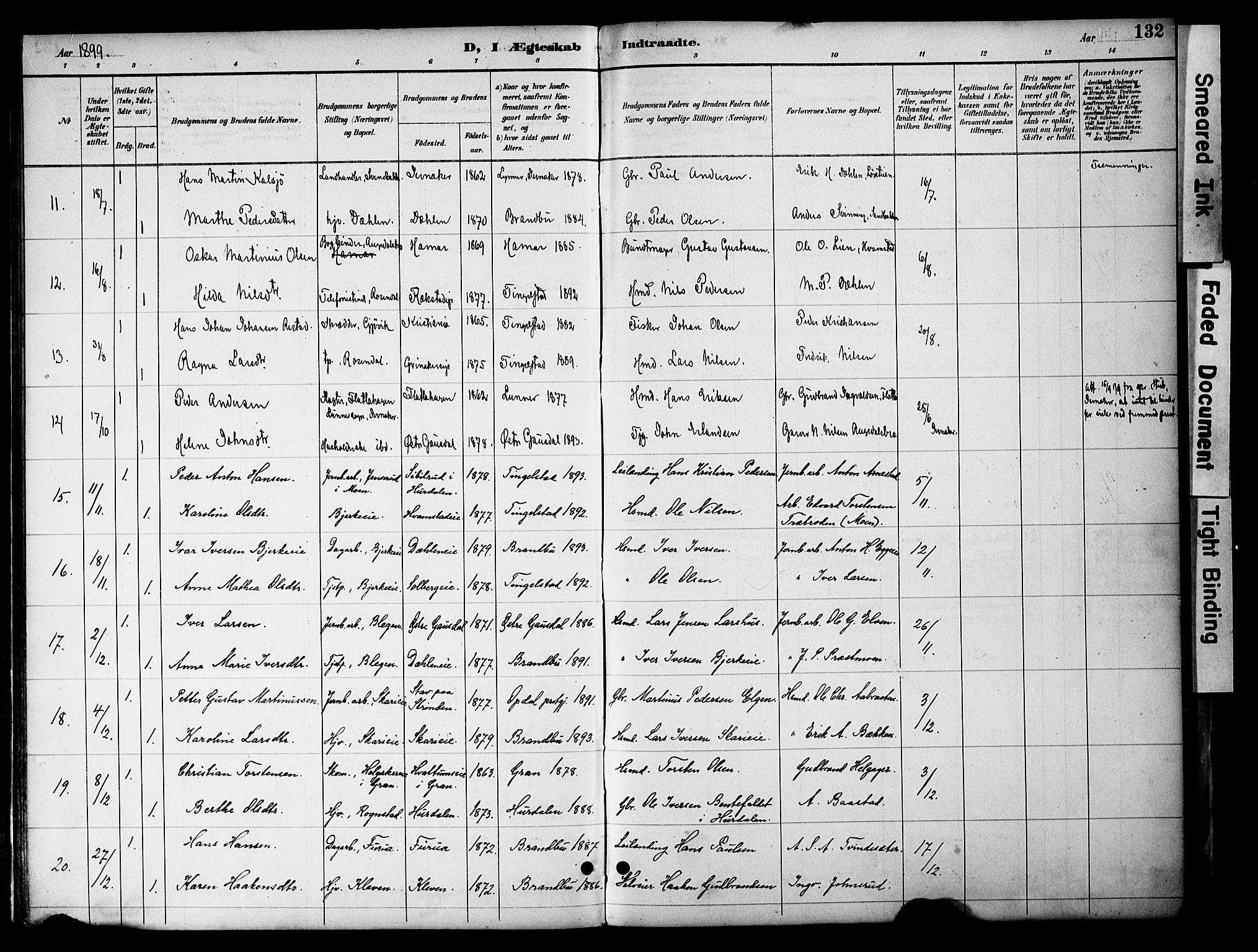 Gran prestekontor, SAH/PREST-112/H/Ha/Haa/L0020: Parish register (official) no. 20, 1889-1899, p. 132