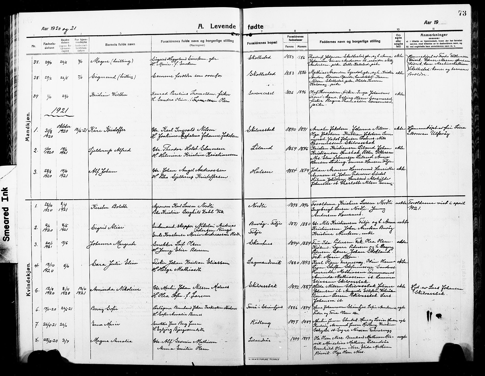 Ministerialprotokoller, klokkerbøker og fødselsregistre - Nordland, AV/SAT-A-1459/859/L0861: Parish register (copy) no. 859C07, 1910-1925, p. 73