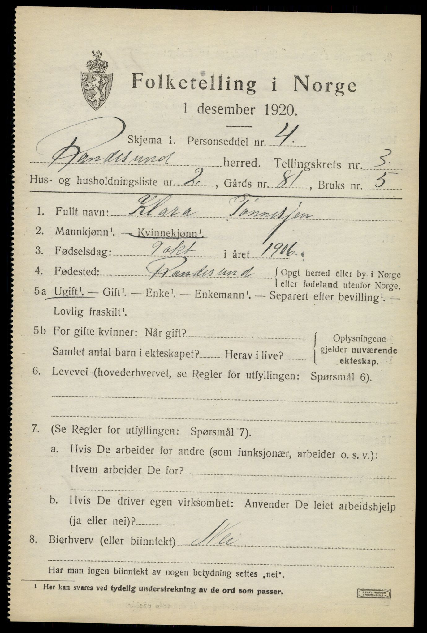SAK, 1920 census for Randesund, 1920, p. 1472