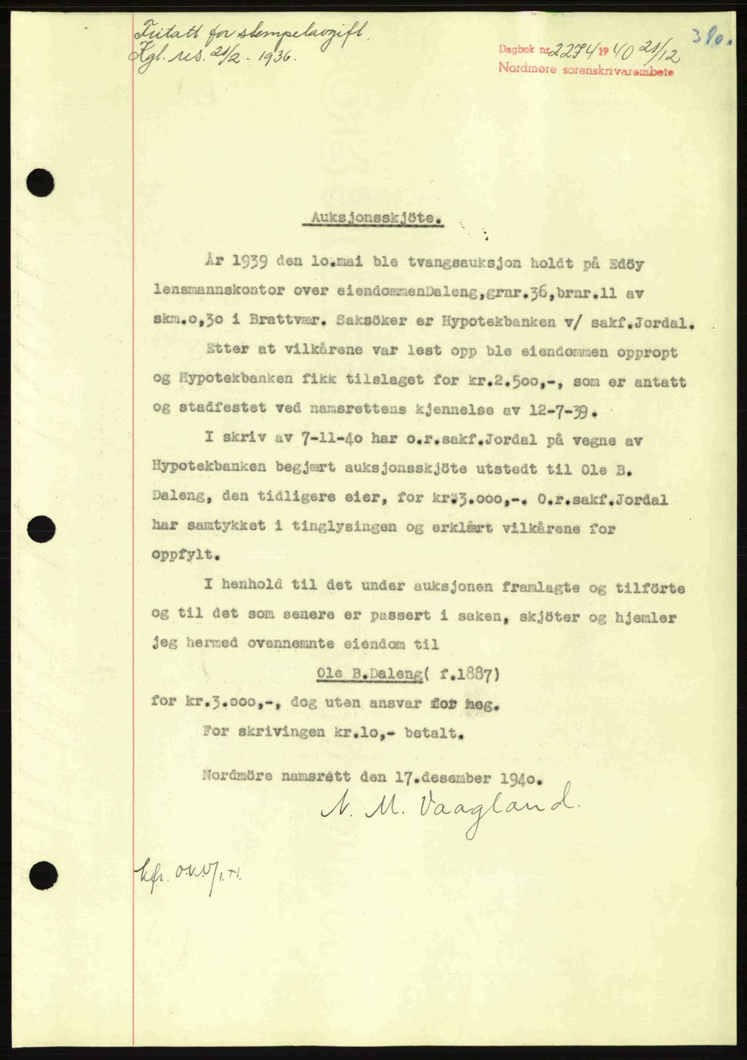 Nordmøre sorenskriveri, SAT/A-4132/1/2/2Ca: Mortgage book no. A89, 1940-1941, Diary no: : 2274/1940