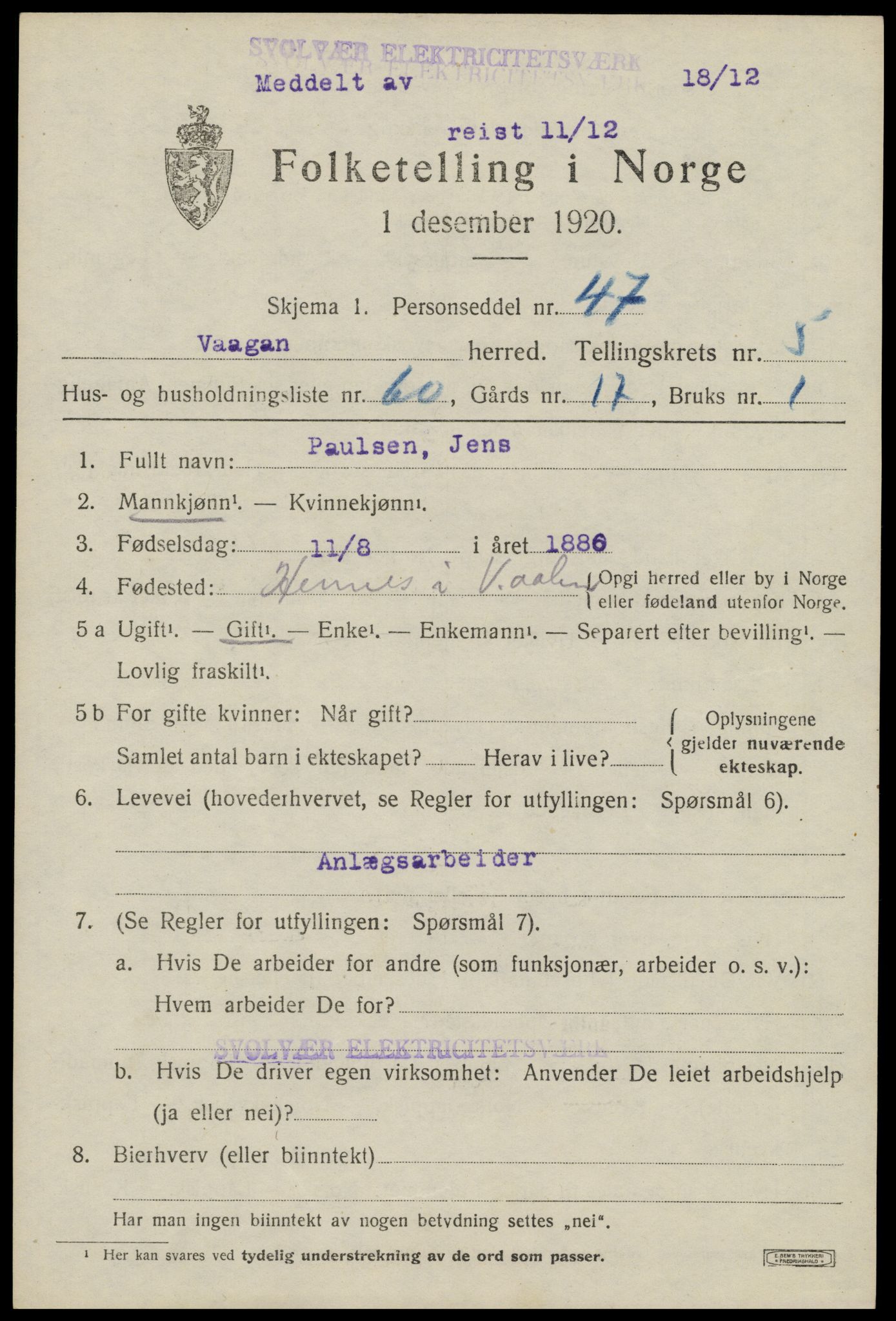 SAT, 1920 census for Vågan, 1920, p. 6133