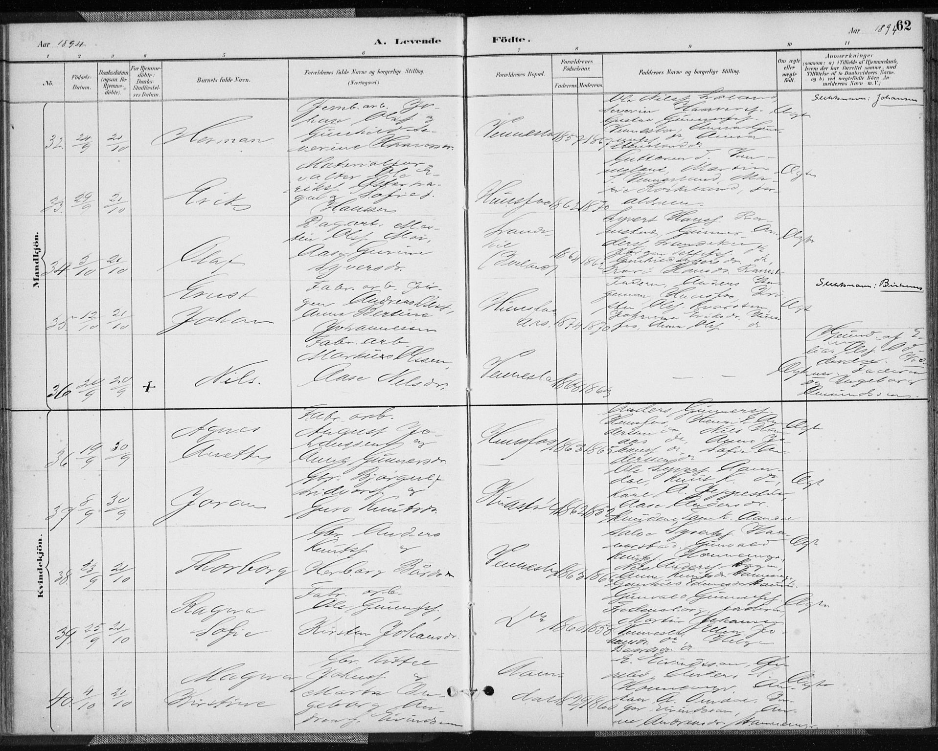 Vennesla sokneprestkontor, AV/SAK-1111-0045/Fa/Fab/L0004: Parish register (official) no. A 4, 1884-1896, p. 62