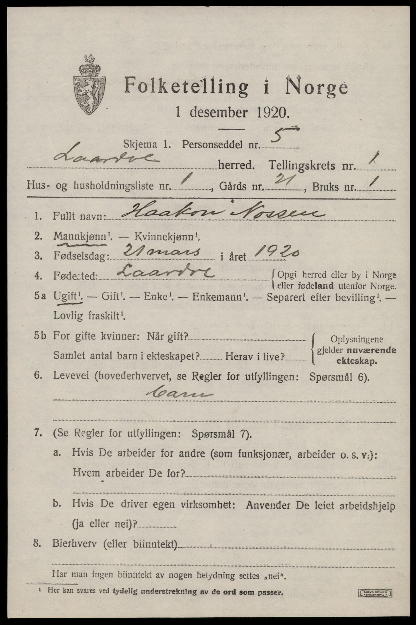 SAKO, 1920 census for Lårdal, 1920, p. 623