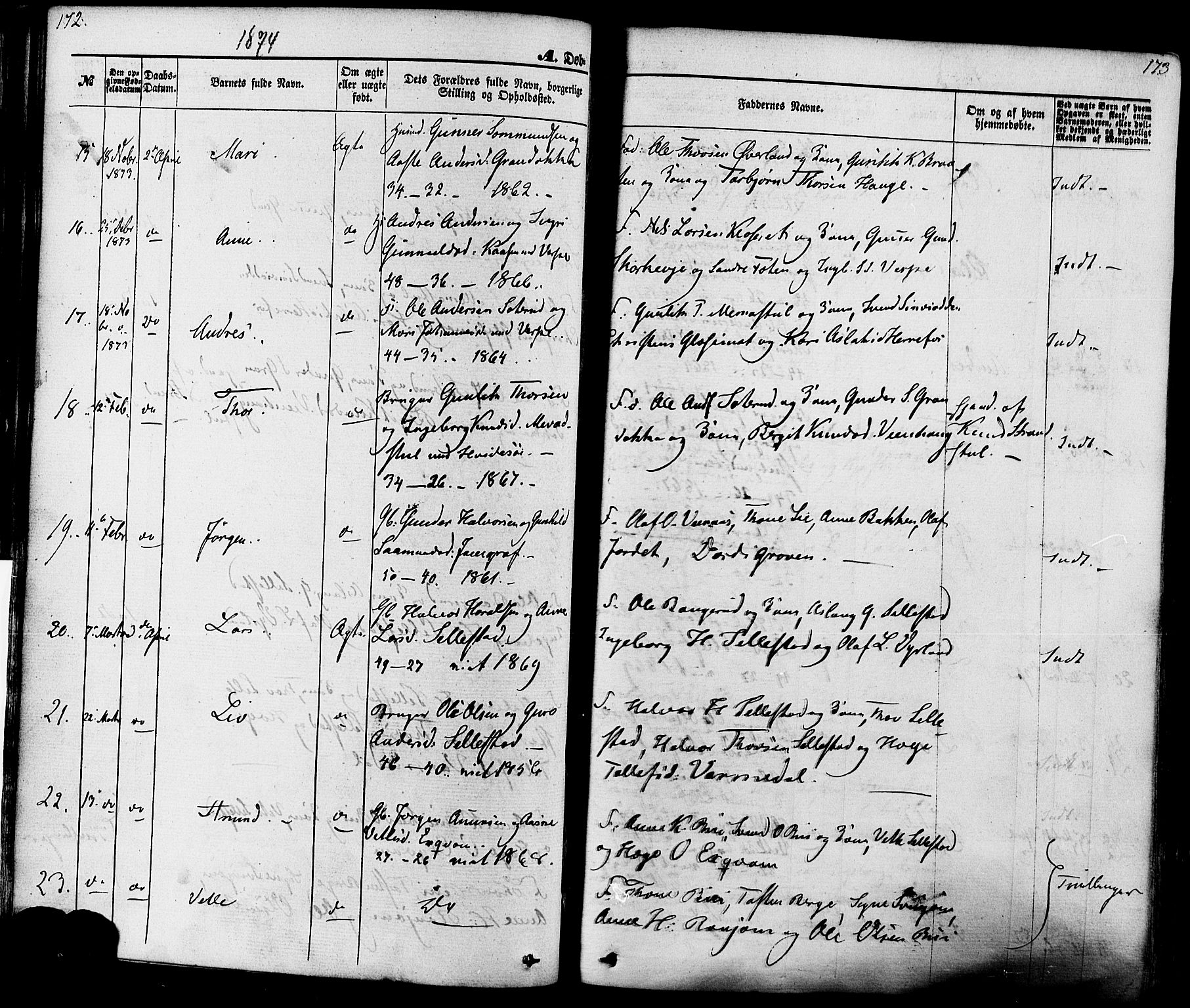 Seljord kirkebøker, AV/SAKO-A-20/F/Fa/L0013: Parish register (official) no. I 13, 1866-1876, p. 172-173