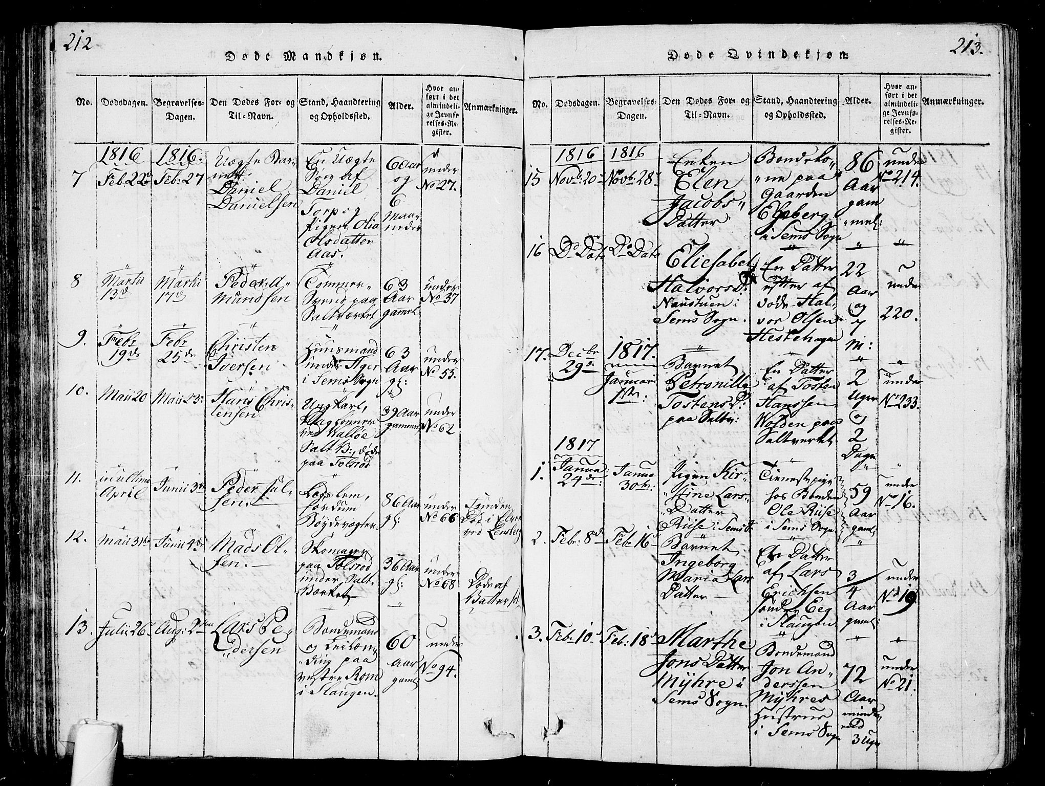 Sem kirkebøker, AV/SAKO-A-5/G/Ga/L0001: Parish register (copy) no. I 1, 1814-1825, p. 212-213