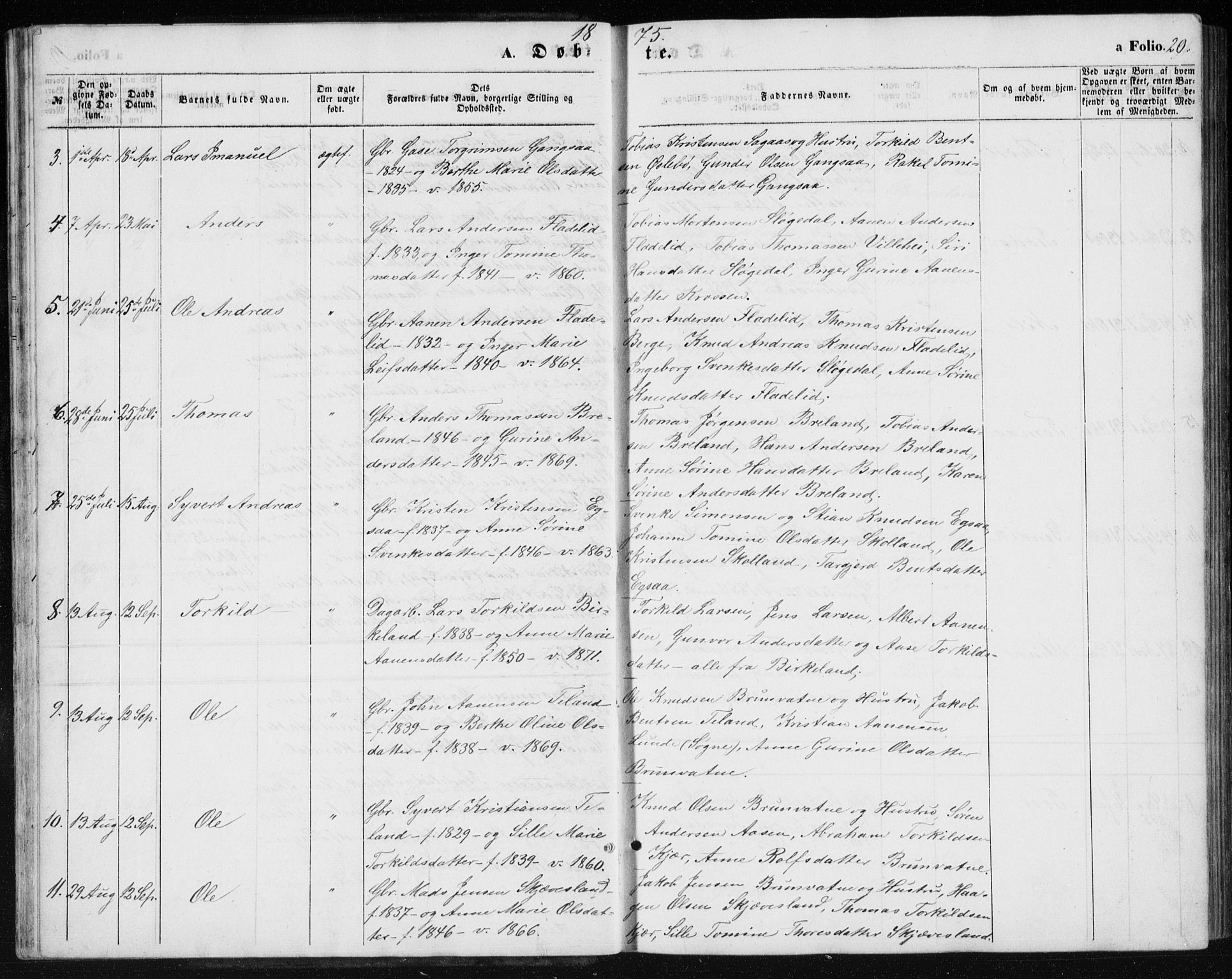 Holum sokneprestkontor, AV/SAK-1111-0022/F/Fb/Fbc/L0002: Parish register (copy) no. B 2, 1860-1882, p. 20