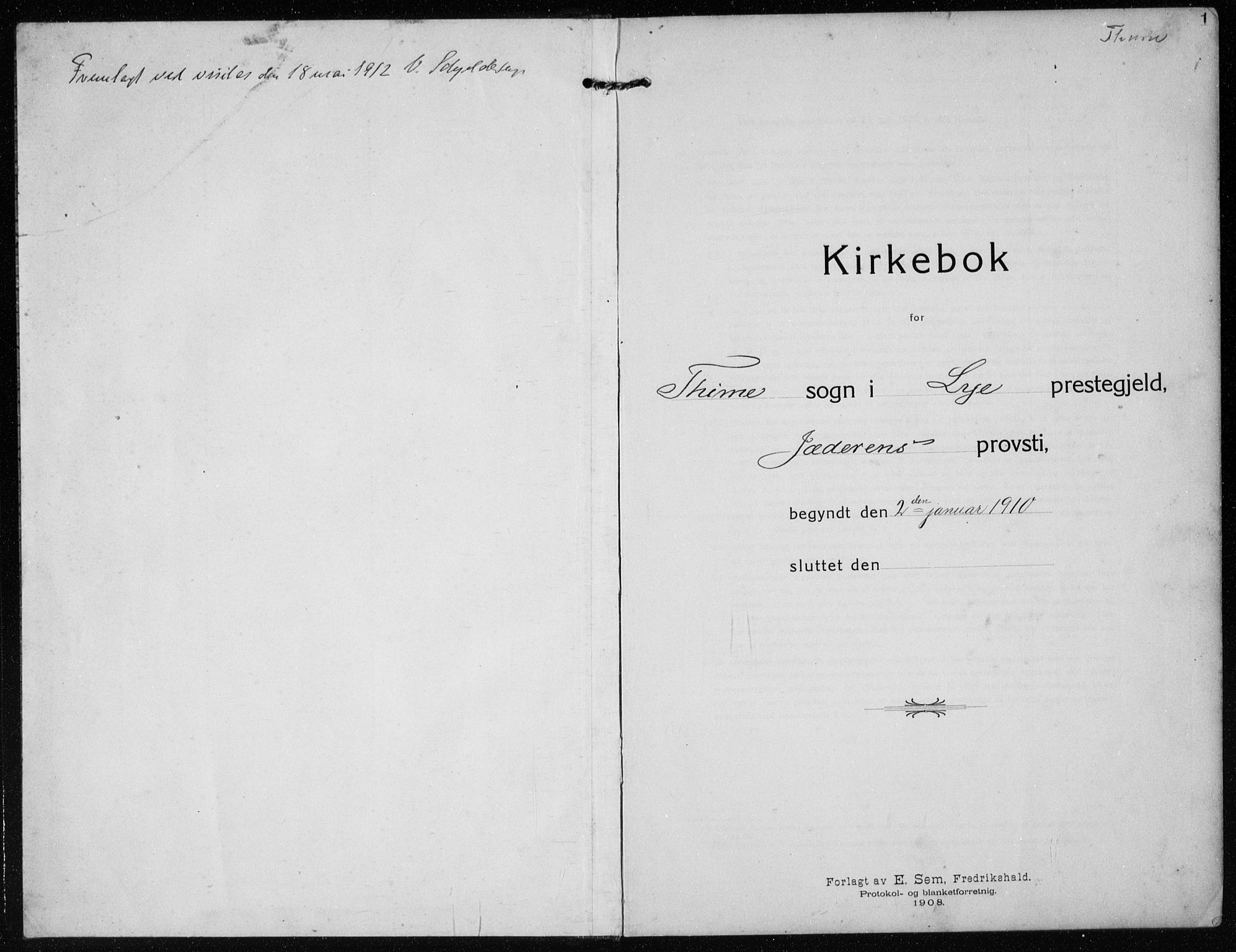 Time sokneprestkontor, AV/SAST-A-101795/001/30BB/L0001: Parish register (copy) no. B 1, 1910-1932, p. 1