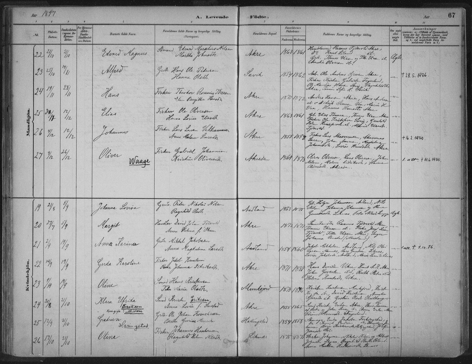 Kopervik sokneprestkontor, SAST/A-101850/H/Ha/Haa/L0004: Parish register (official) no. A 4, 1882-1905, p. 67