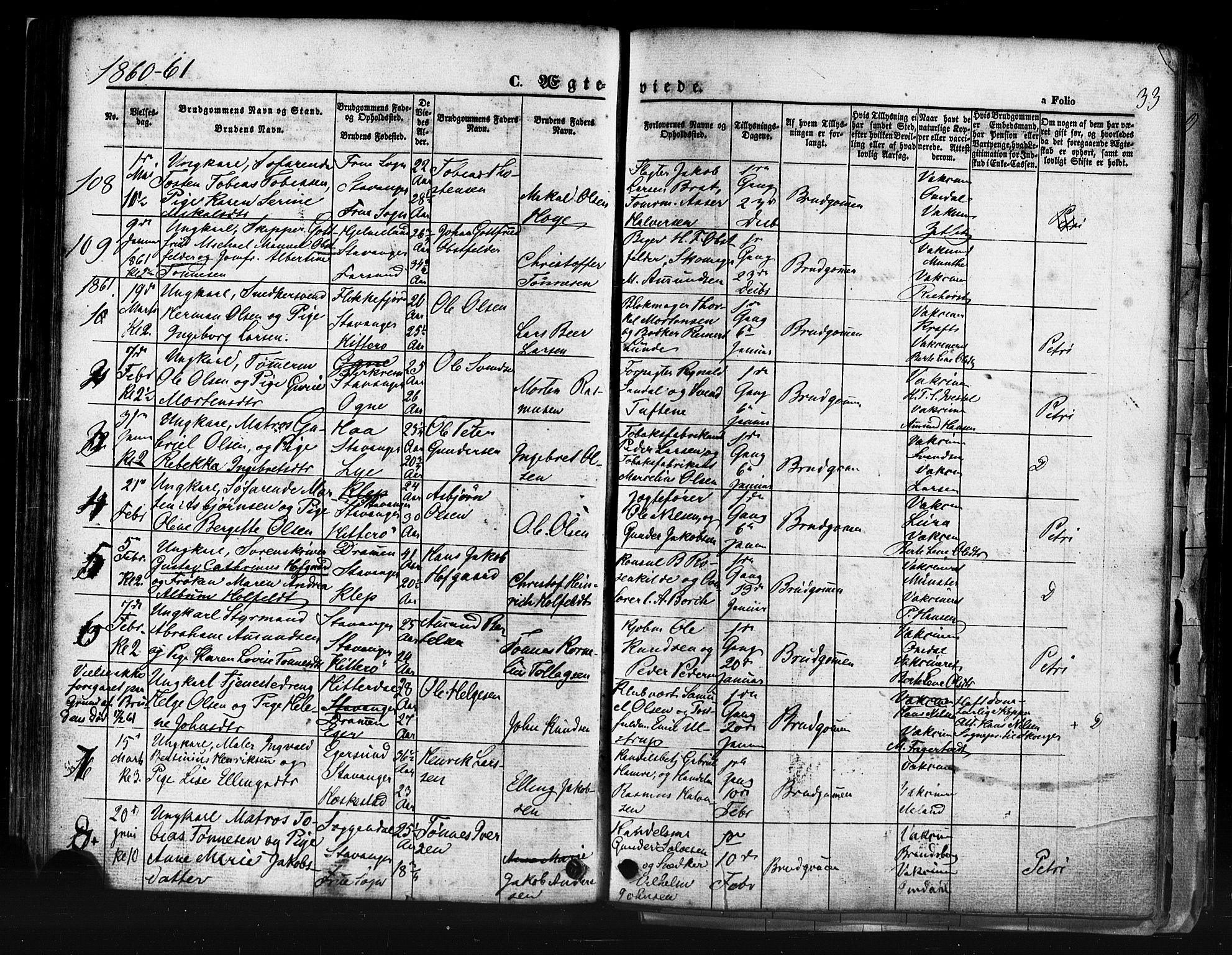 Domkirken sokneprestkontor, SAST/A-101812/001/30/30BB/L0011: Parish register (copy) no. B 11, 1858-1876, p. 33