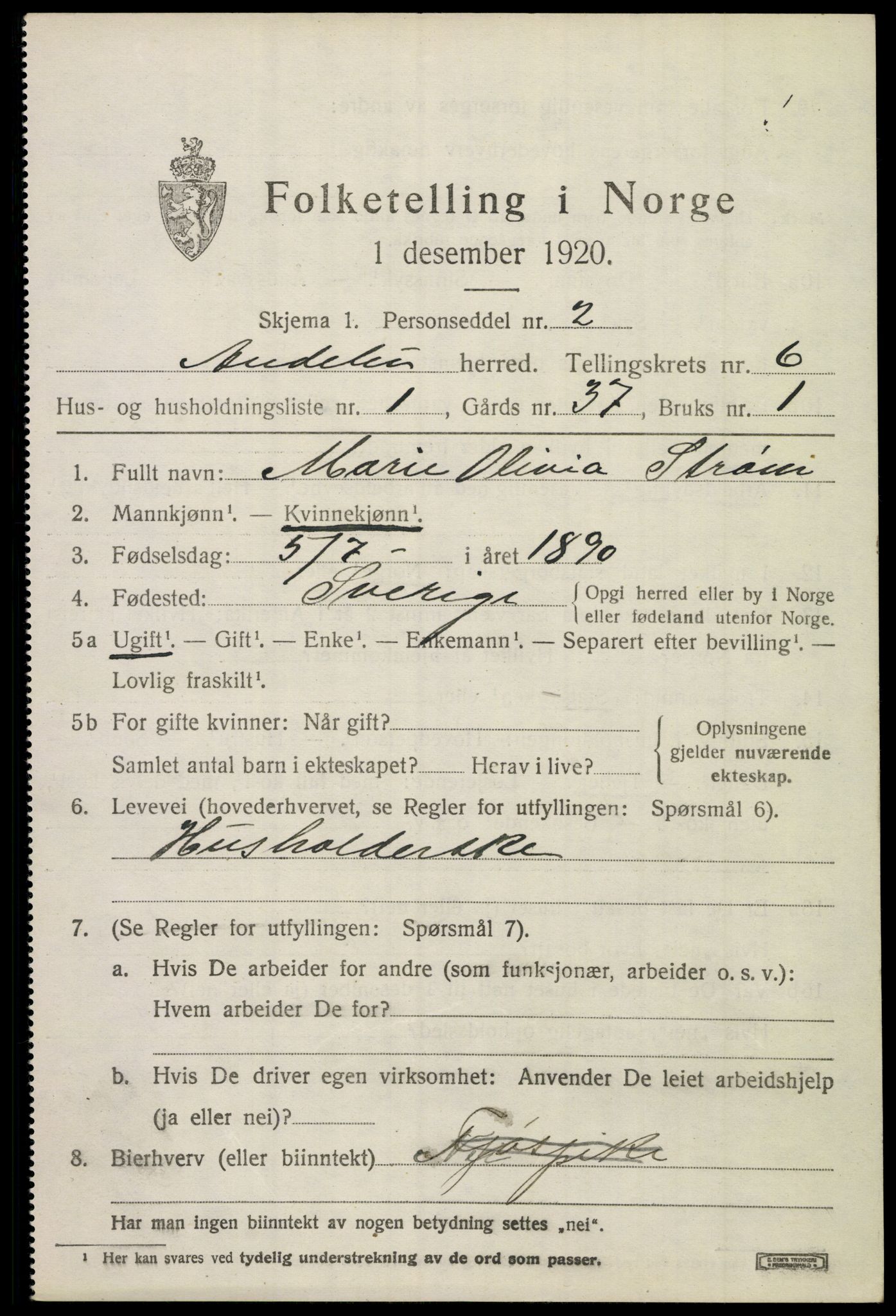 SAKO, 1920 census for Andebu, 1920, p. 2852