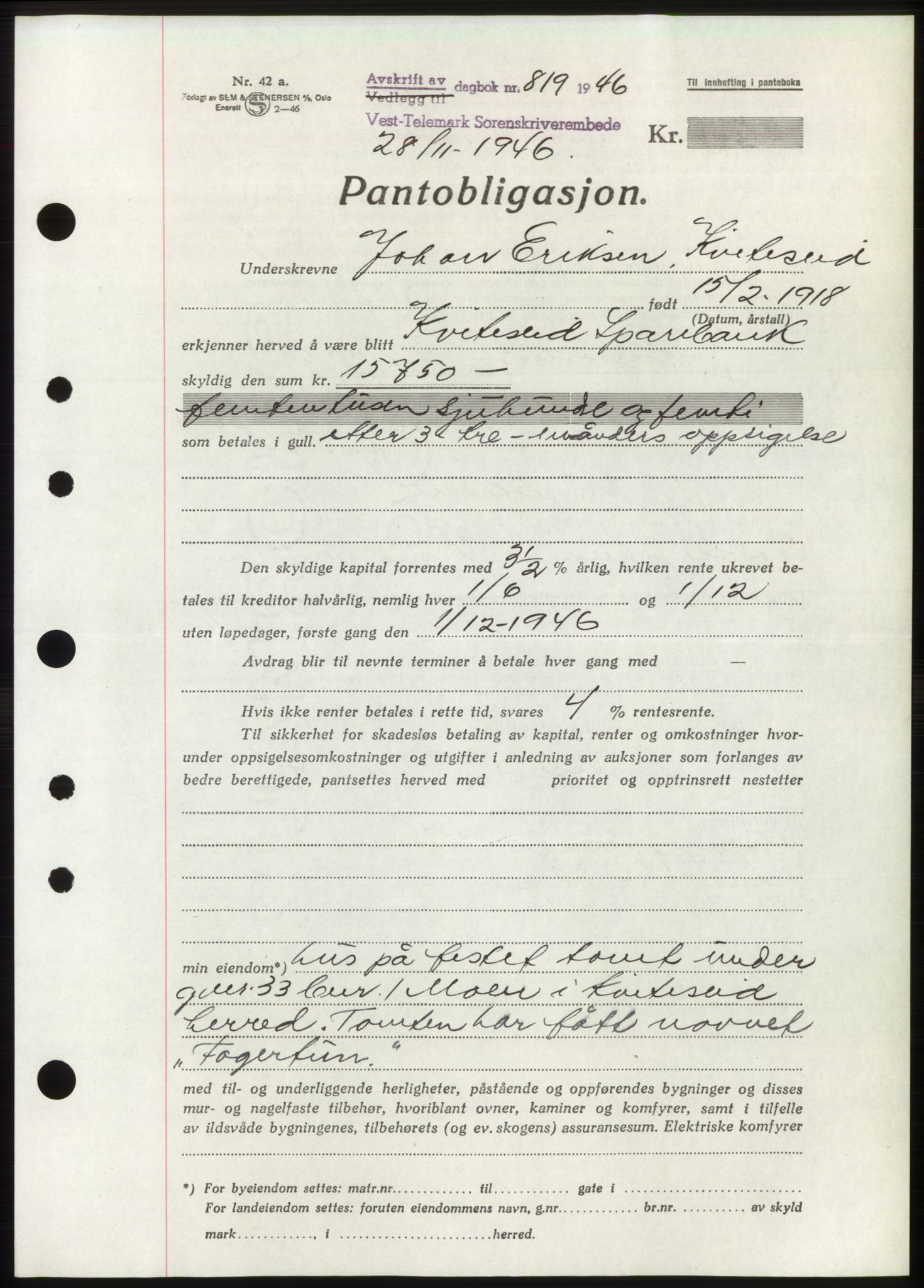 Vest-Telemark sorenskriveri, AV/SAKO-A-134/G/Ga/Gad/L0005b: Mortgage book no. B-5b, 1946-1947, Diary no: : 819/1946